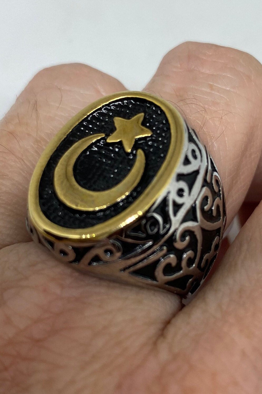 Vintage Gothic Golden Silver Stainless Steel Muslim Star Crescent Mens Ring