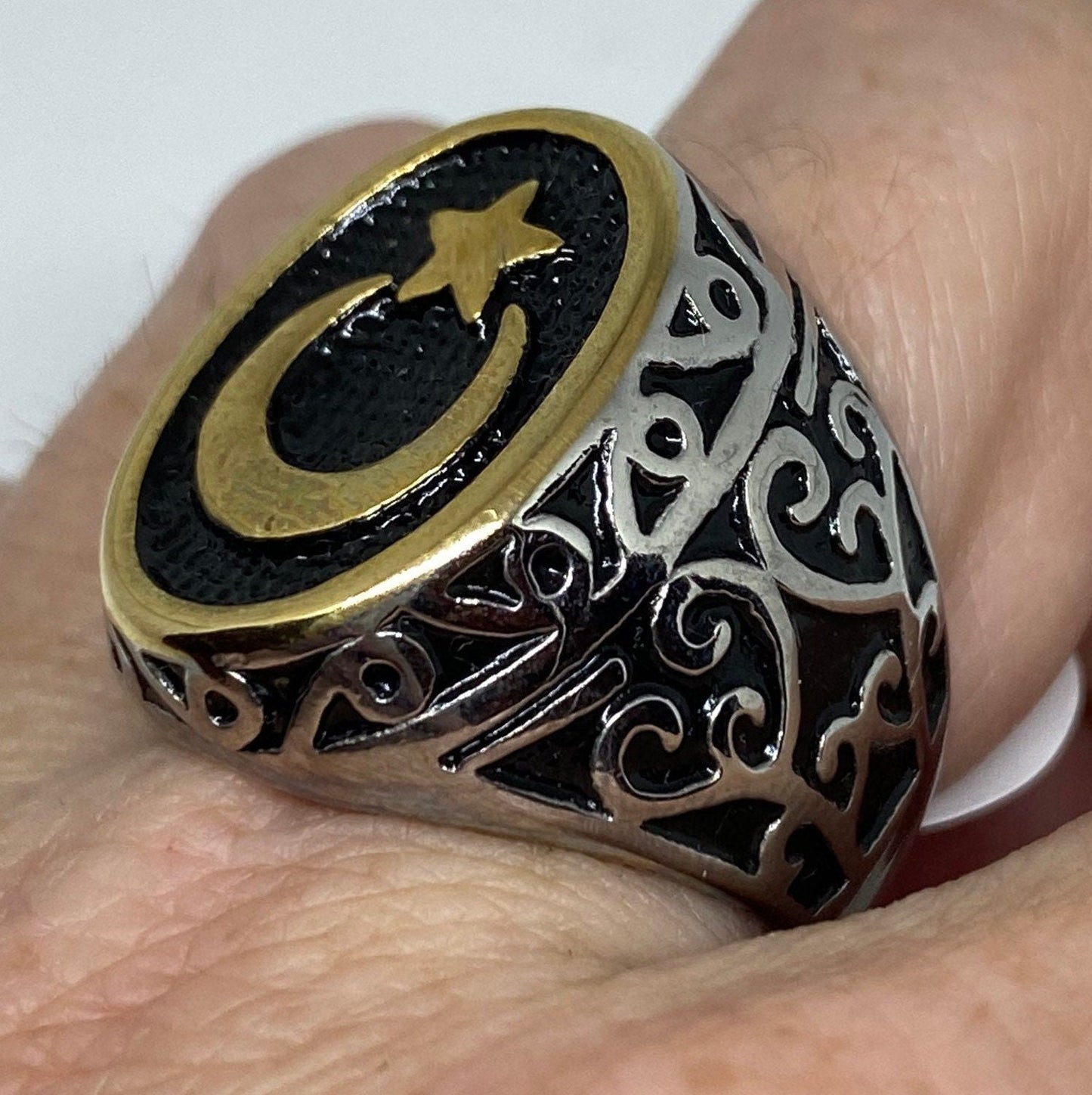 Vintage Gothic Golden Silver Stainless Steel Muslim Star Crescent Mens Ring