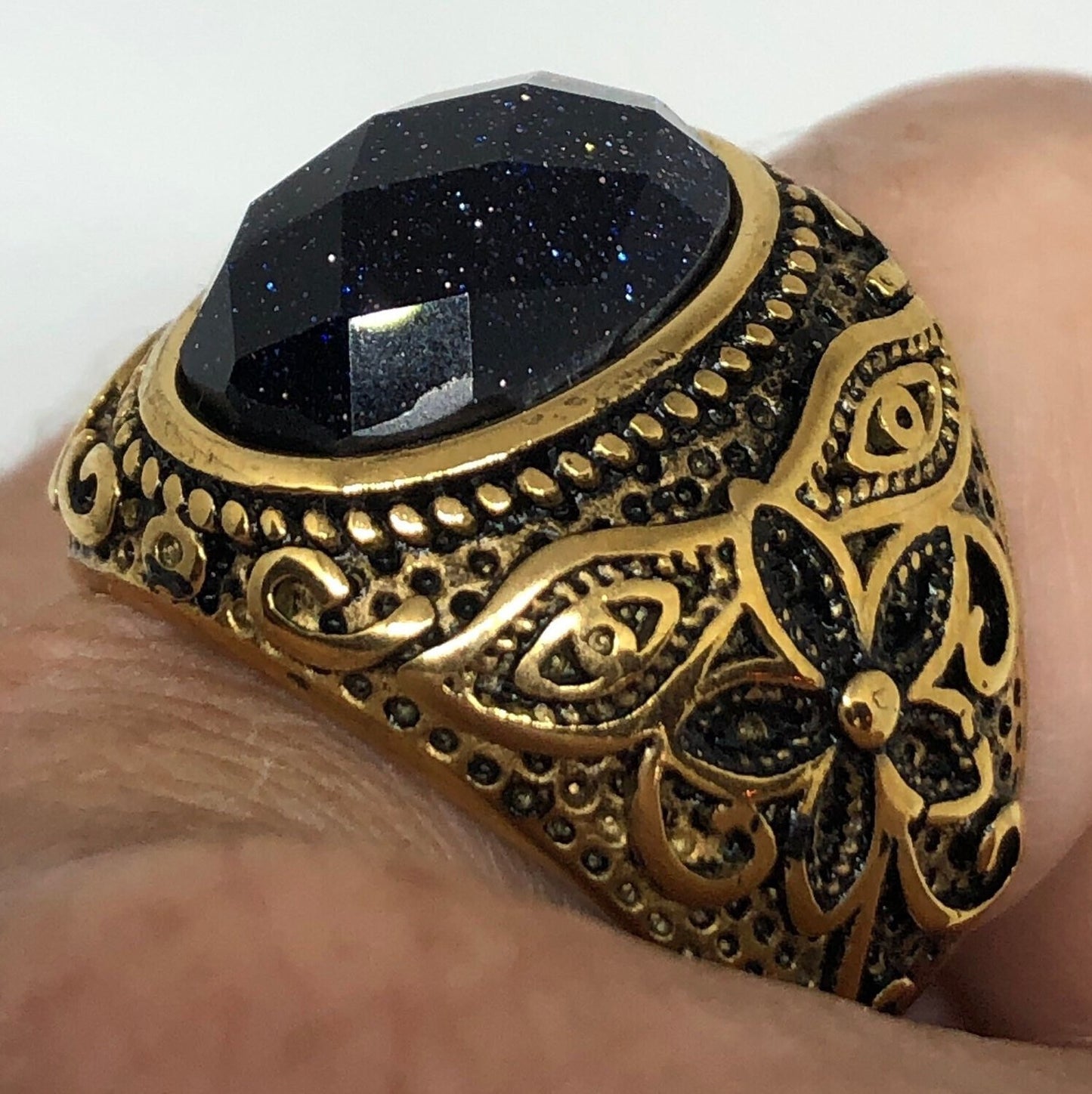 Vintage Gothic Black Goldstone Egyptian Golden Stainless Steel Mens Ring