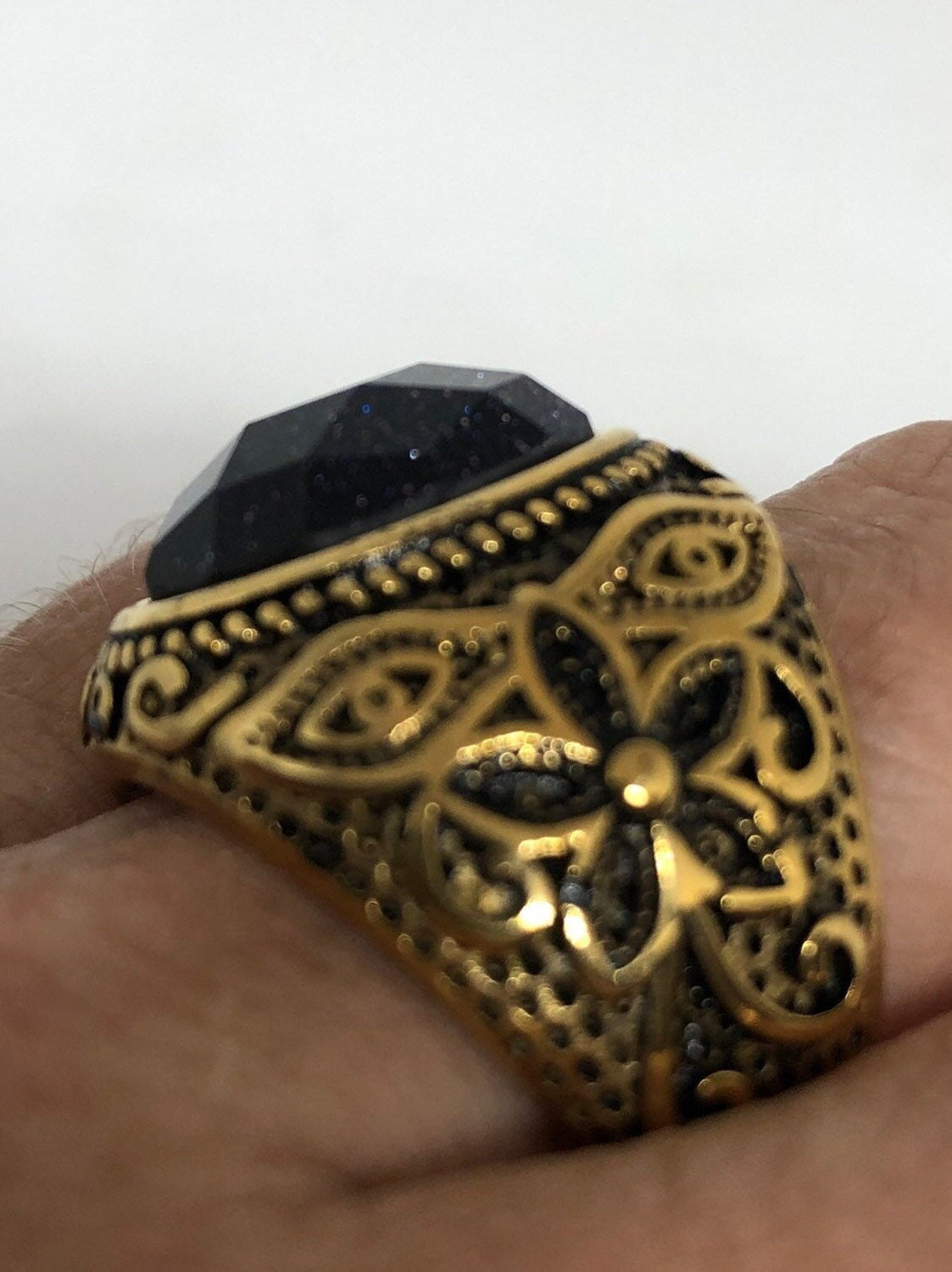 Vintage Gothic Black Goldstone Egyptian Golden Stainless Steel Mens Ring