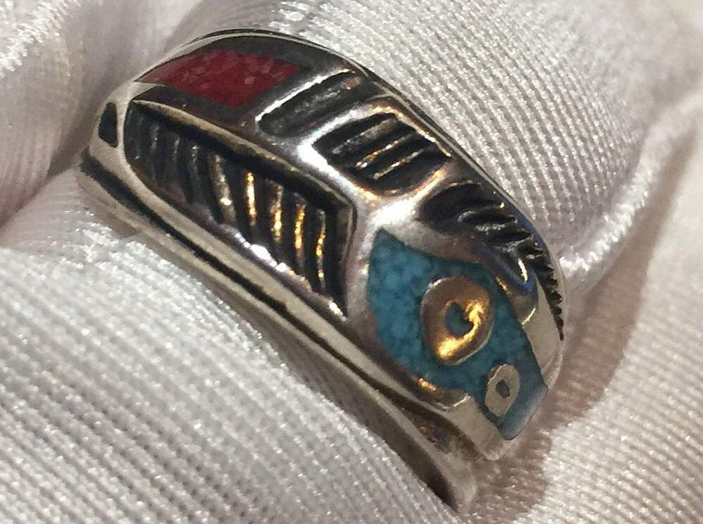 Vintage Native American Style Southwestern Turquoise Stone Inlay Feather Ring