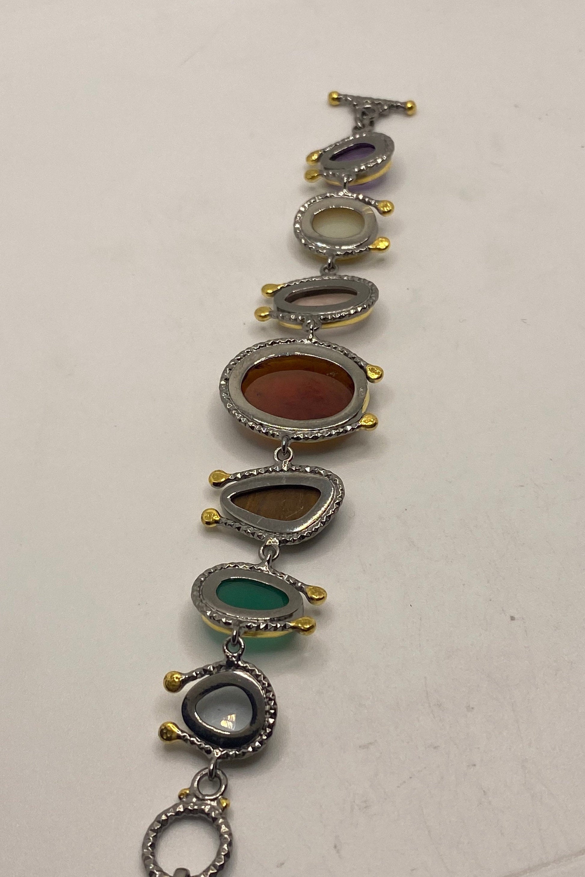 Vintage Mixed Genuine Gemstones 925 Sterling Silver Bracelet