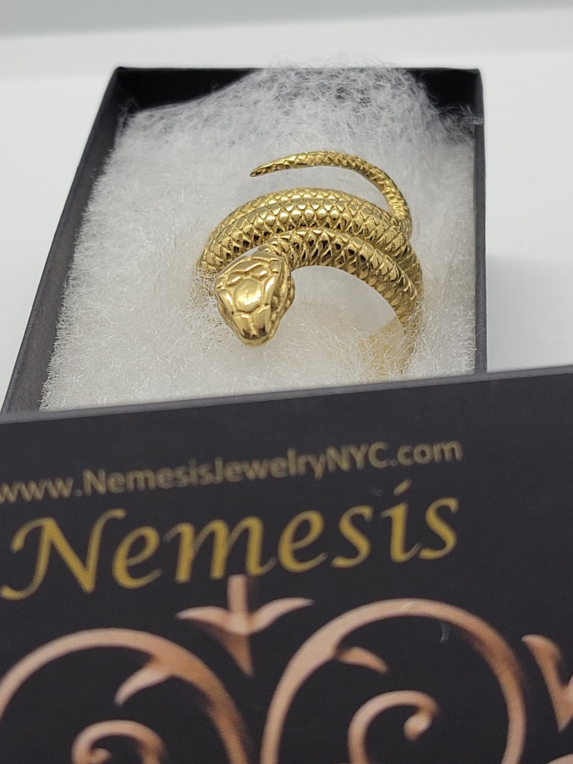 18k Gold Finish Stainless Steel Snake Ring in NemesisJewelryNYC.com black jewelry box