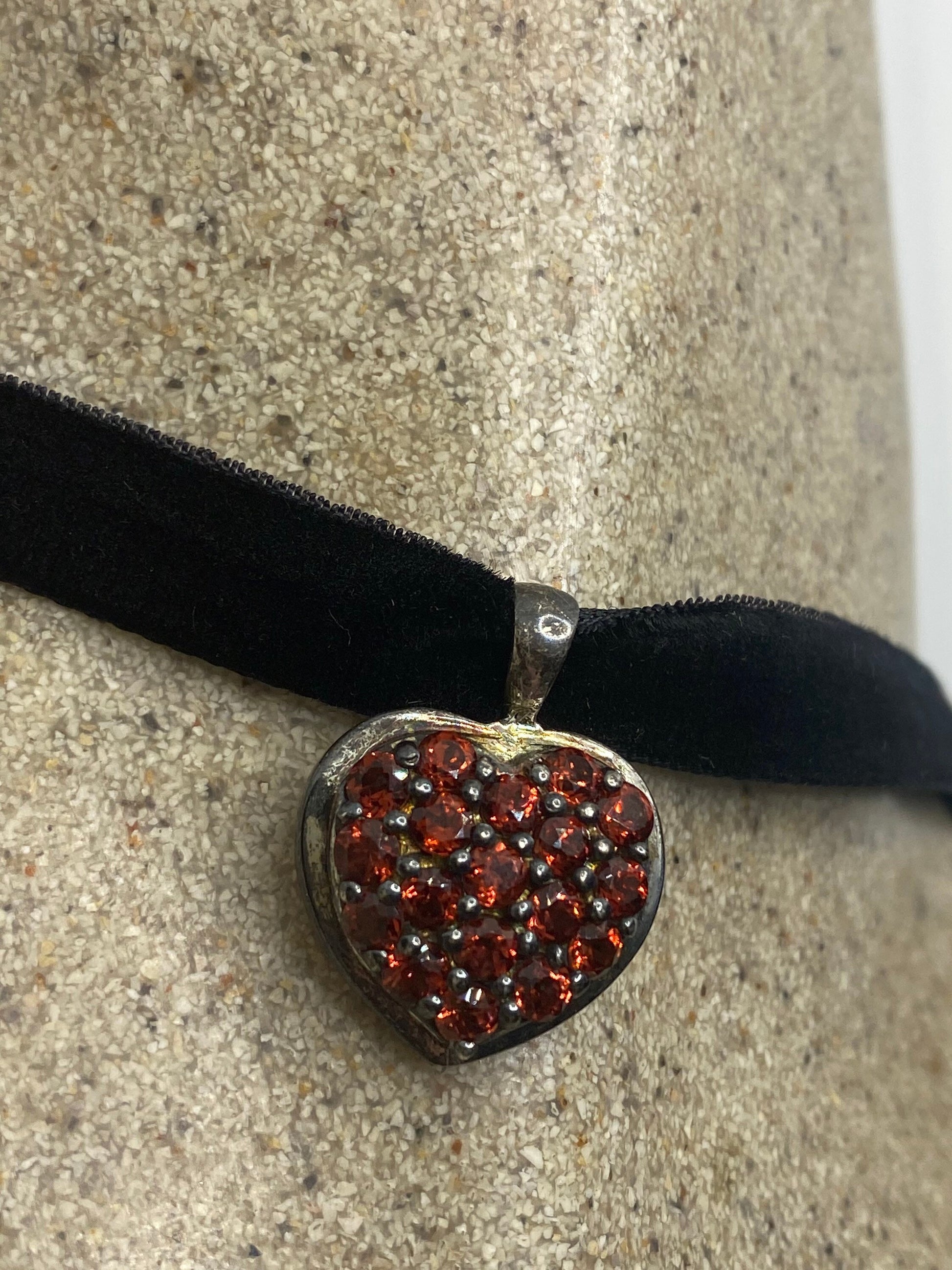 Vintage Heart Choker 925 Sterling Silver Garnet Pendant Necklace