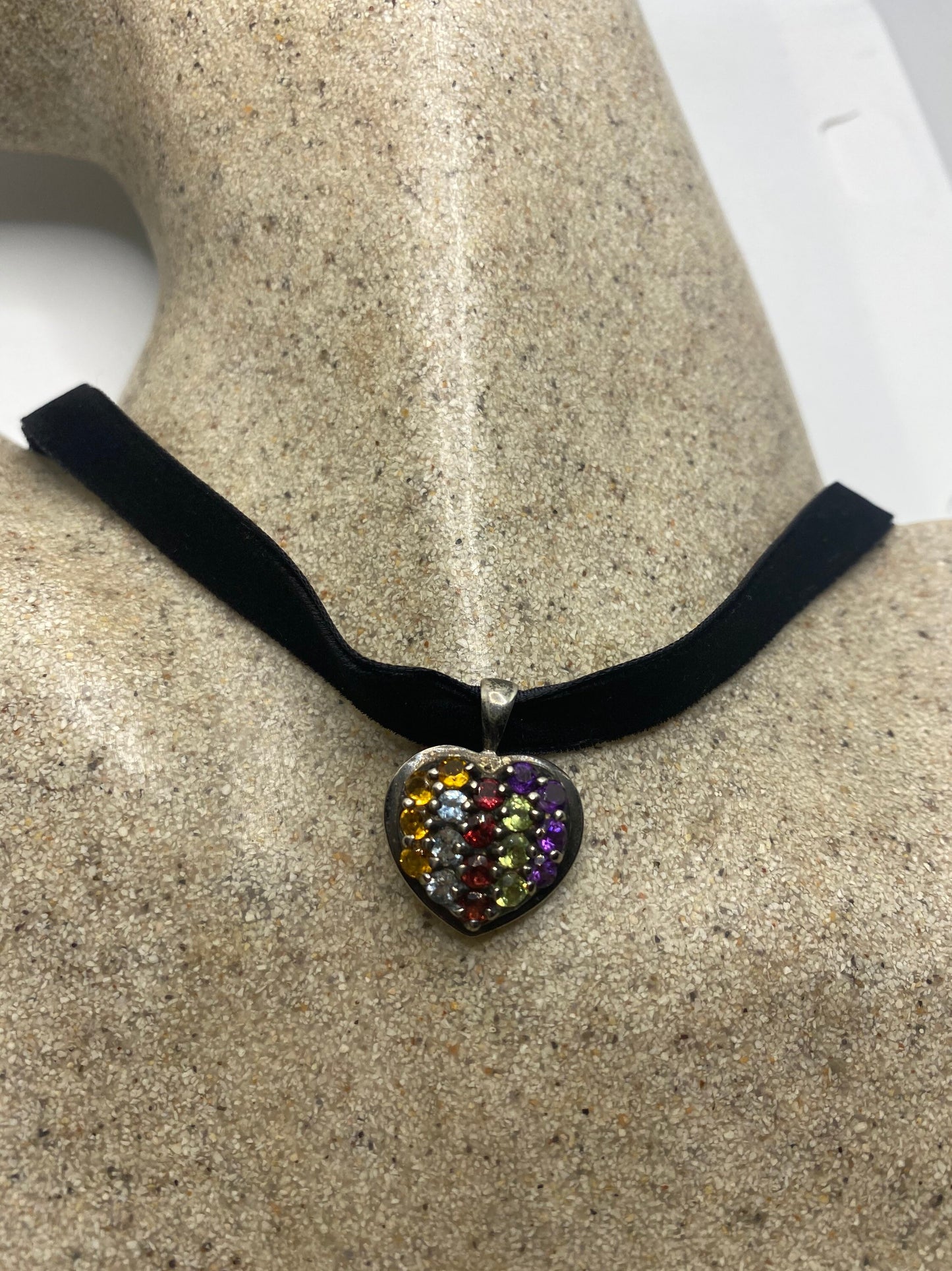 Vintage 925 Sterling Silver Heart Choker Garnet, Mixed Gemstone and Citrine Antique Pendant Necklace