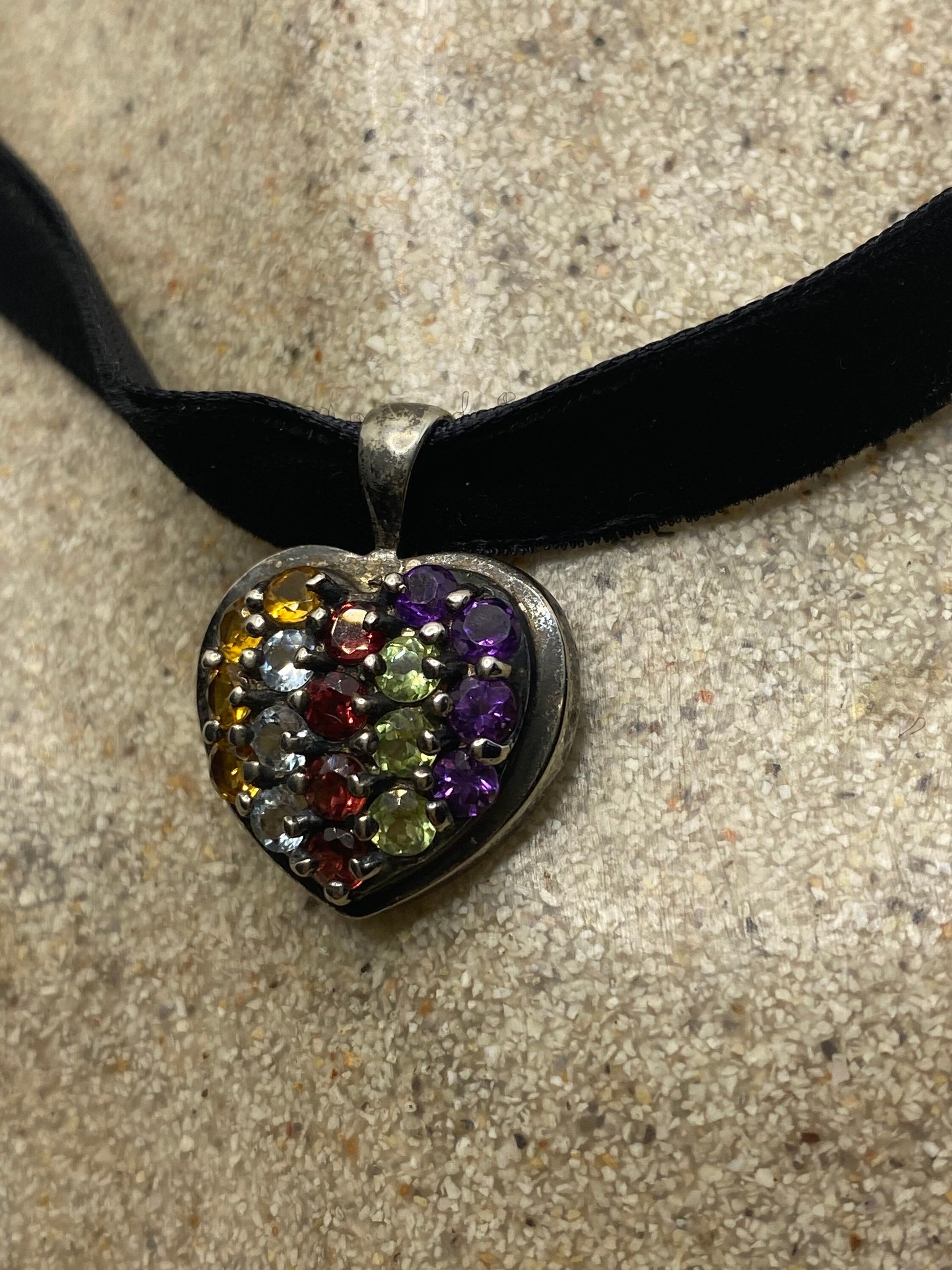 Vintage 925 Sterling Silver Heart Choker Garnet, Mixed Gemstone and Citrine Antique Pendant Necklace