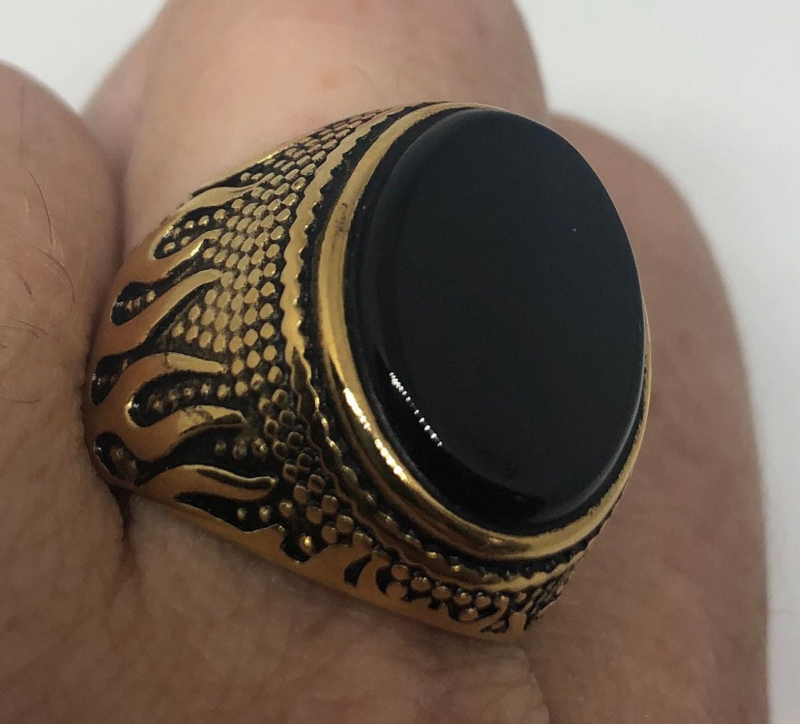 Gothic Gold Finished Stainless Steel Black Onyx Ring