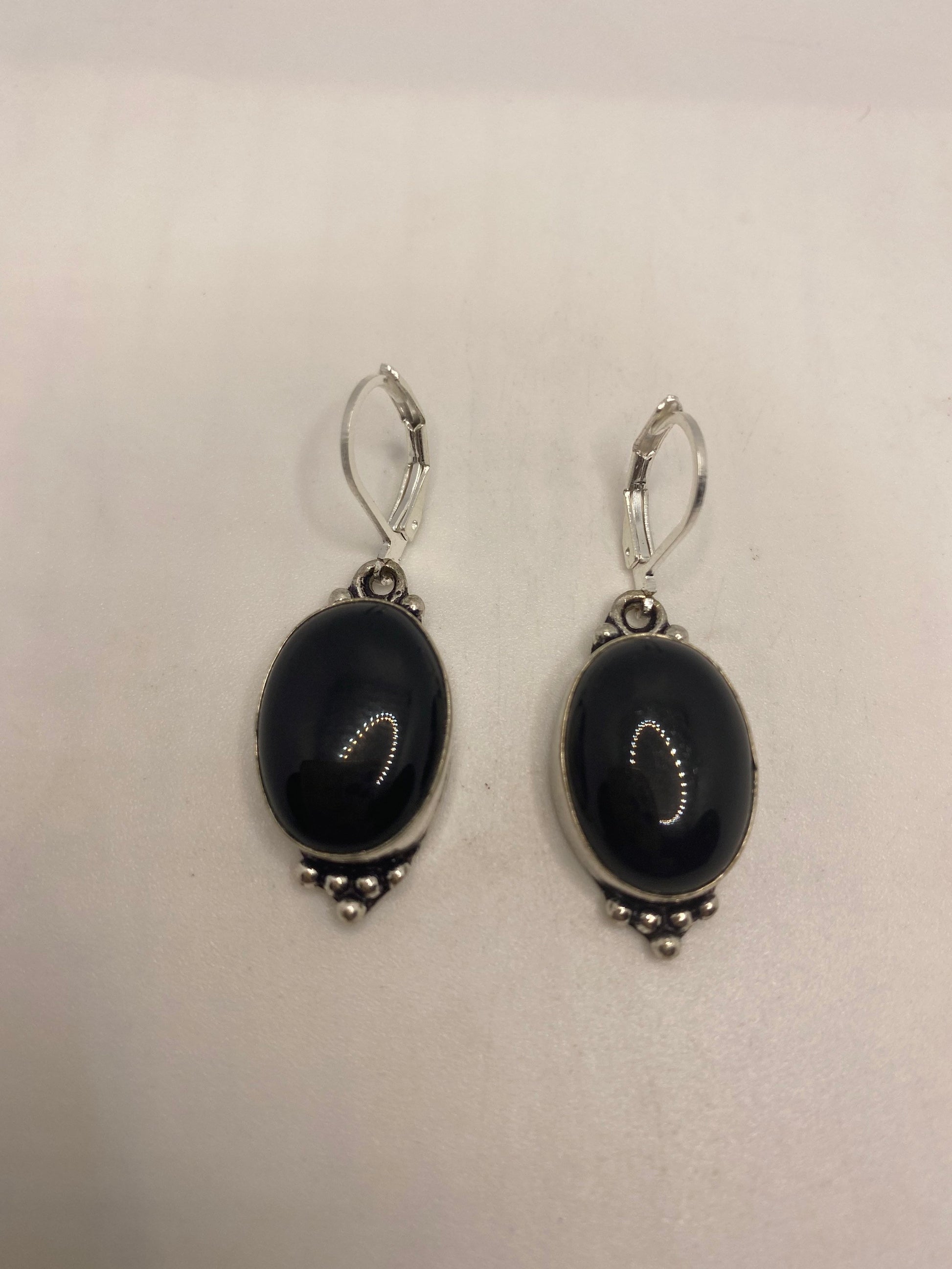 Vintage Black Onyx Earrings 925 Sterling Silver Deco Dangle Chandelier