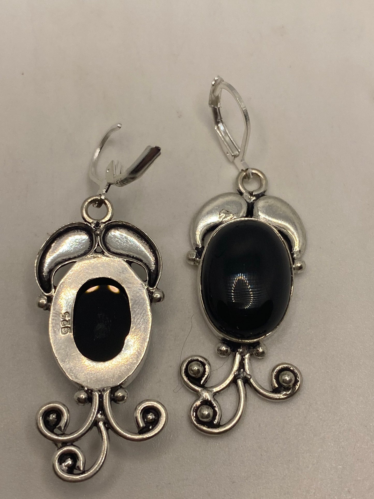 Vintage Black Onyx Earrings 925 Sterling Silver Deco Dangle Chandelier