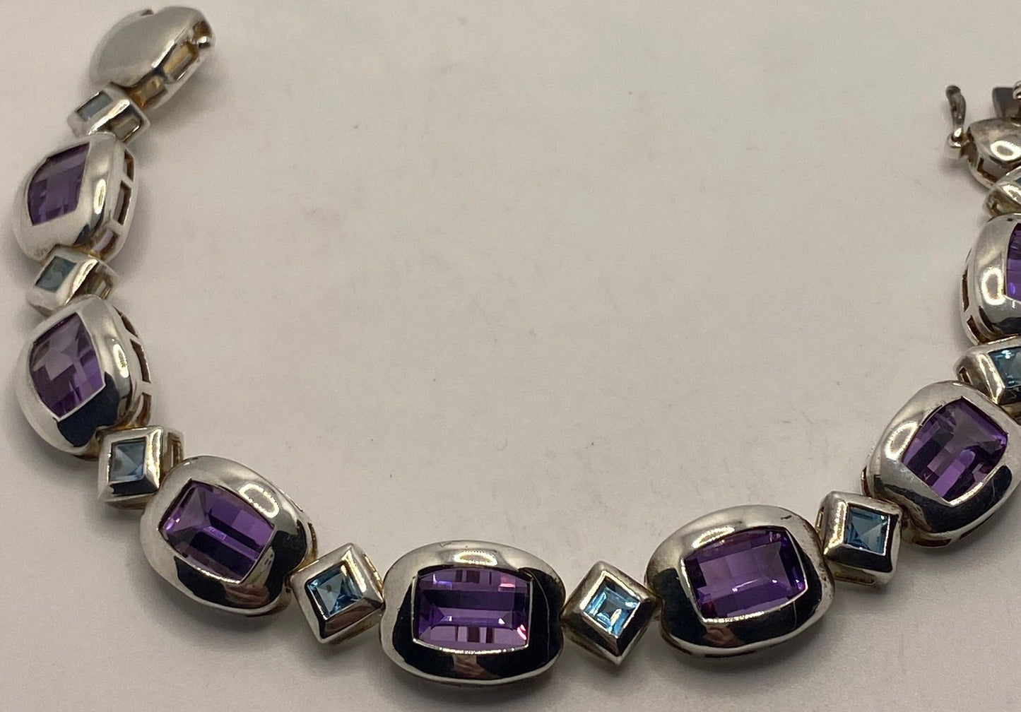 Purple Amethyst Blue Topaz Deco Bracelet in 925 Sterling Silver white background