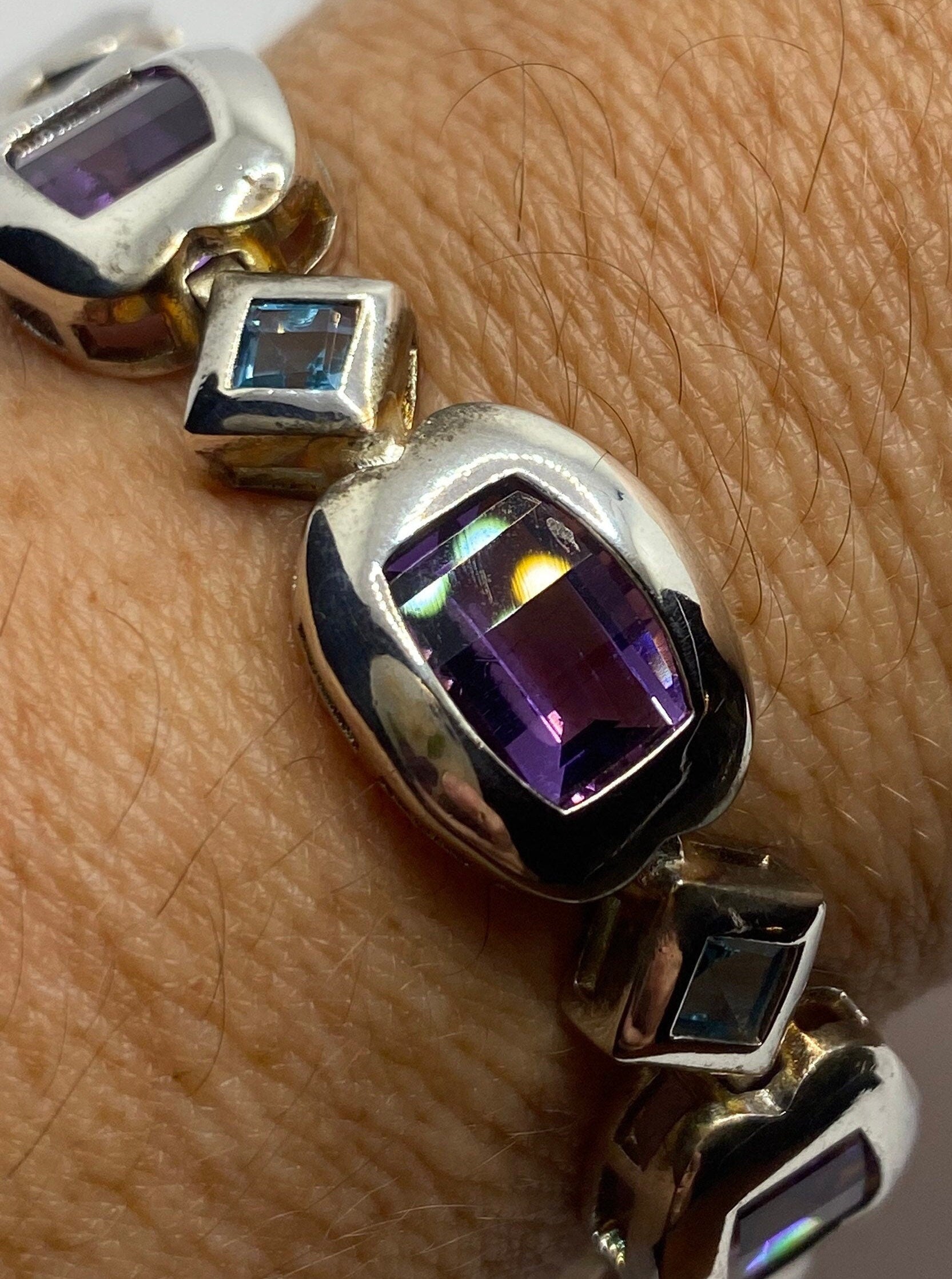 Purple Amethyst Blue Topaz Deco Bracelet in 925 Sterling Silver