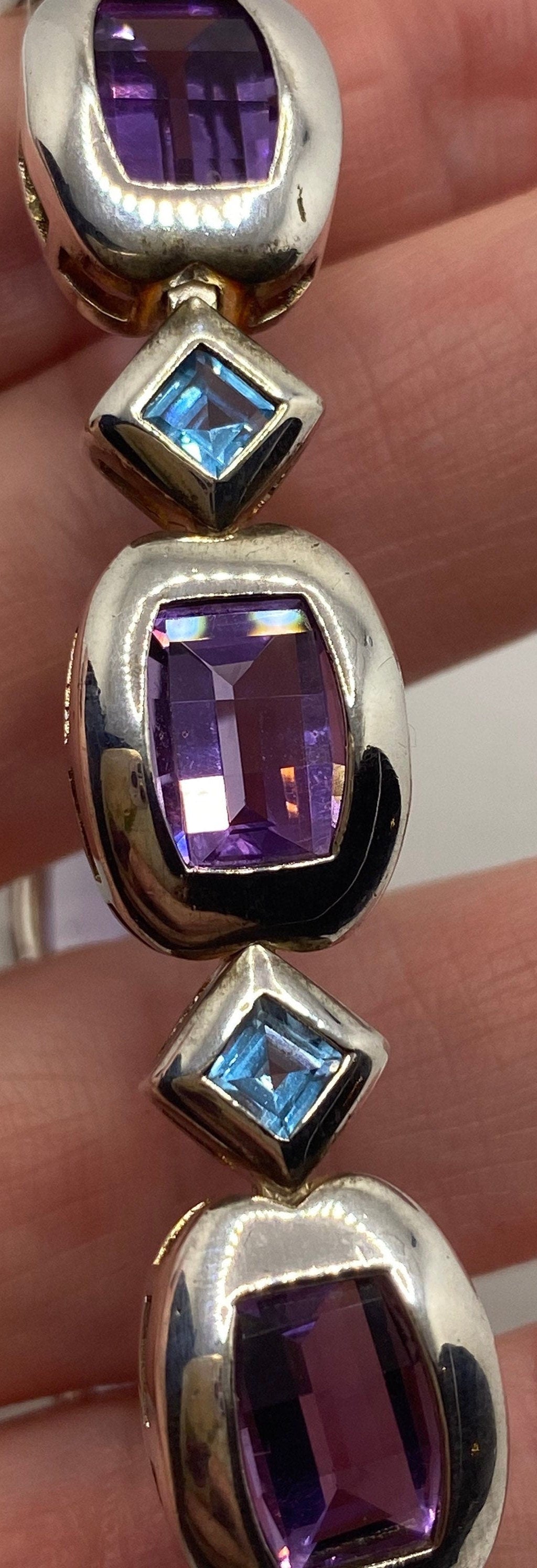 Purple Amethyst Blue Topaz Deco Bracelet in 925 Sterling Silver