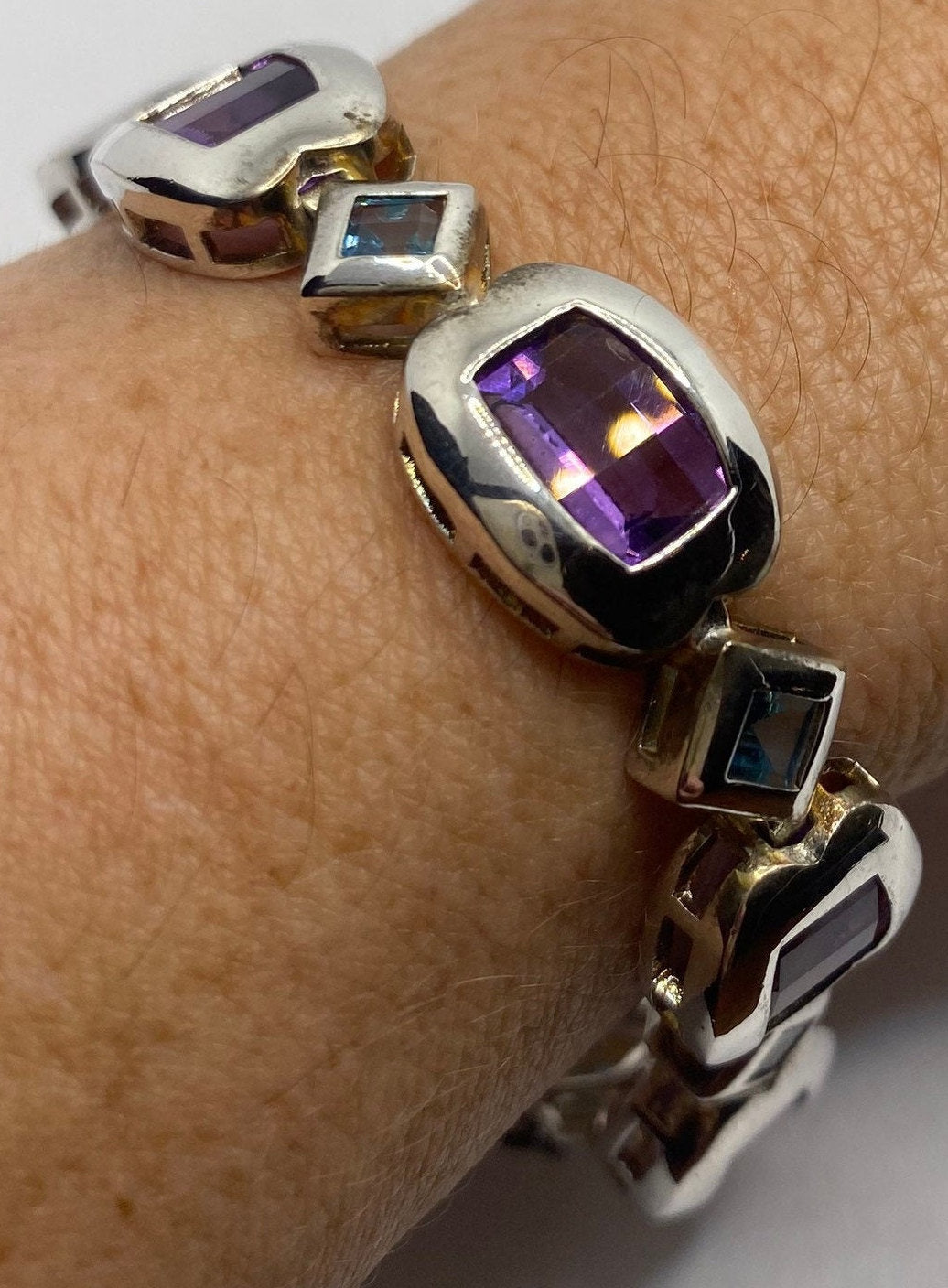 Purple Amethyst Blue Topaz Deco Bracelet in 925 Sterling Silver