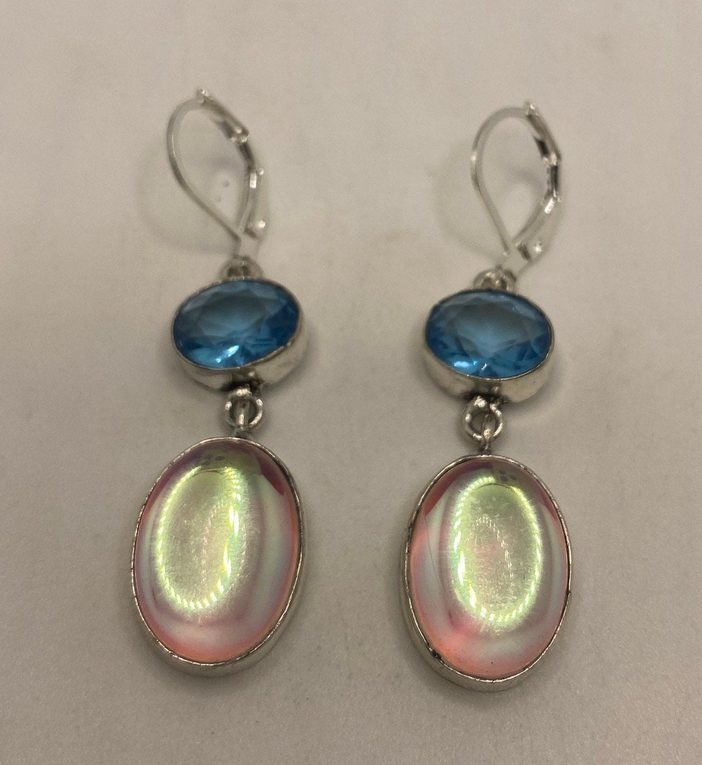 Antique Vintage Pink Opal Glass with Blue Topaz Silver Dangle Earrings