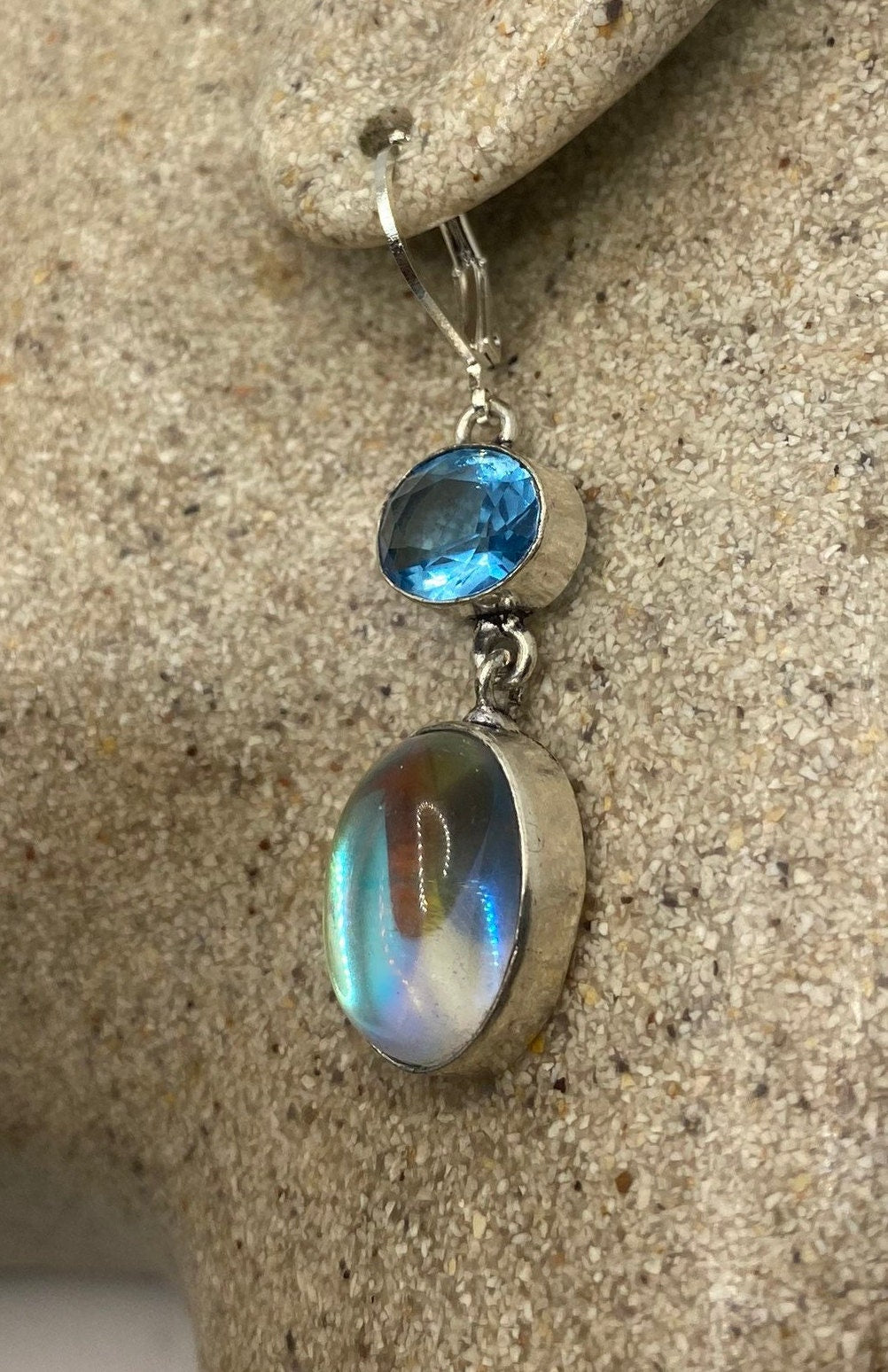 Antique Vintage Pink Opal Glass with Blue Topaz Silver Dangle Earrings