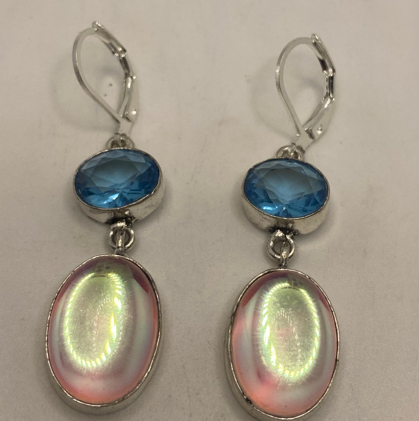 Antique Vintage Pink Opal Glass with Blue Topaz Silver Dangle Earrings