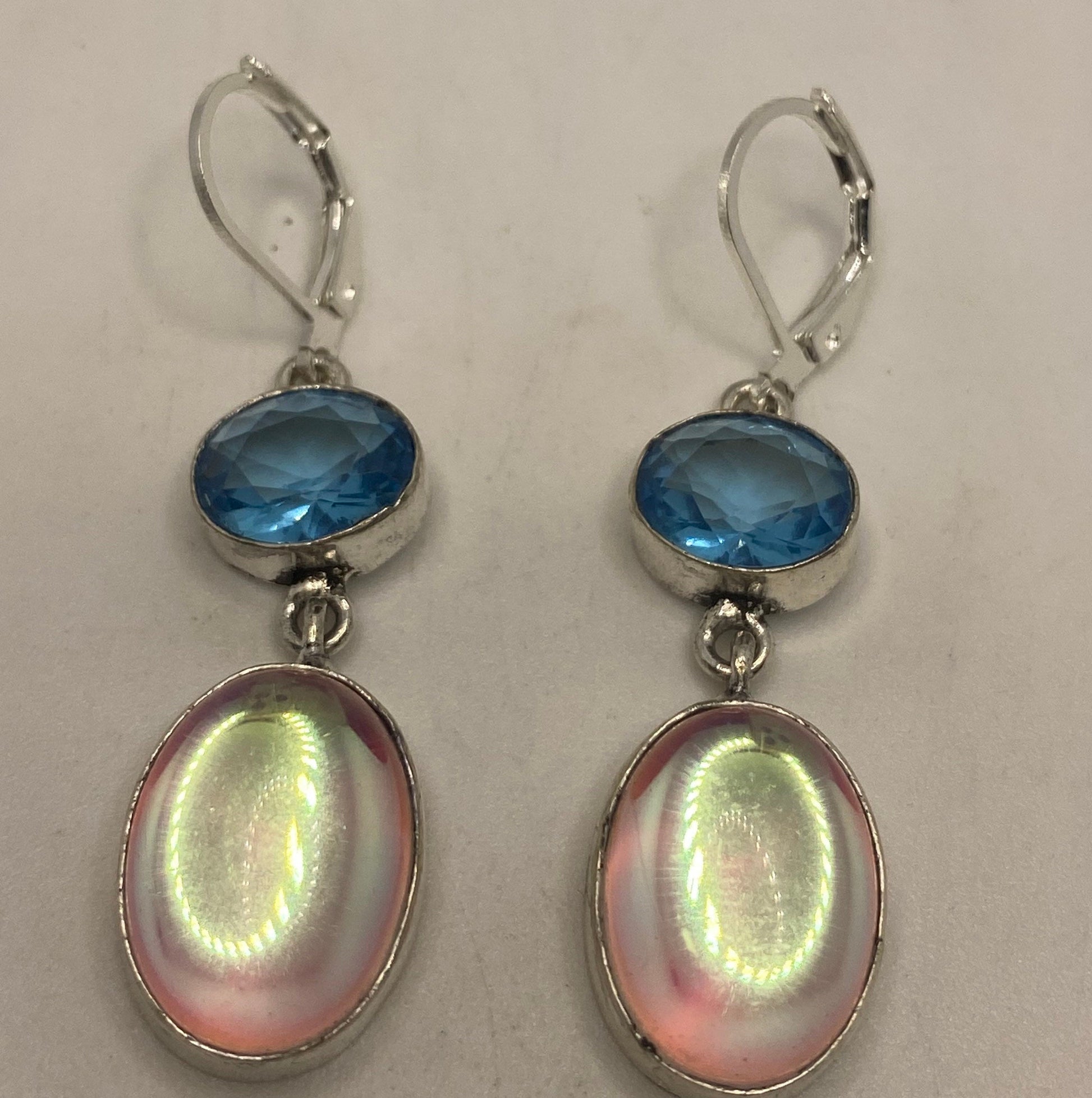 Antique Vintage Pink Opal Glass with Blue Topaz Silver Dangle Earrings