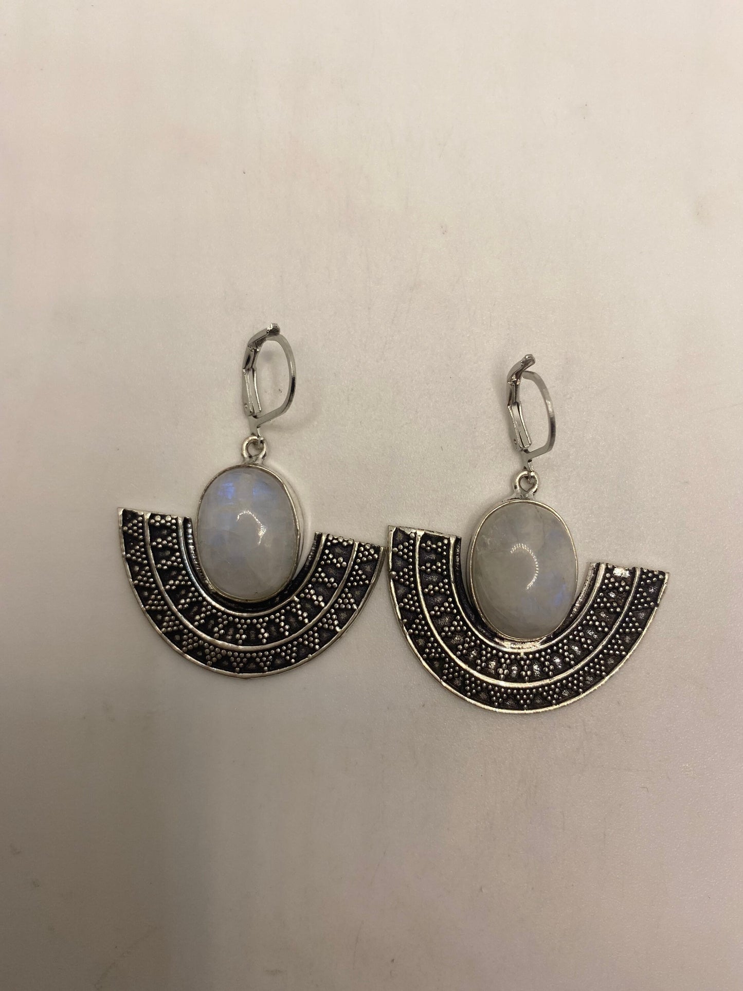 Vintage Rainbow Moonstone Sterling Silver Lever Back leaf Dangle Earrings