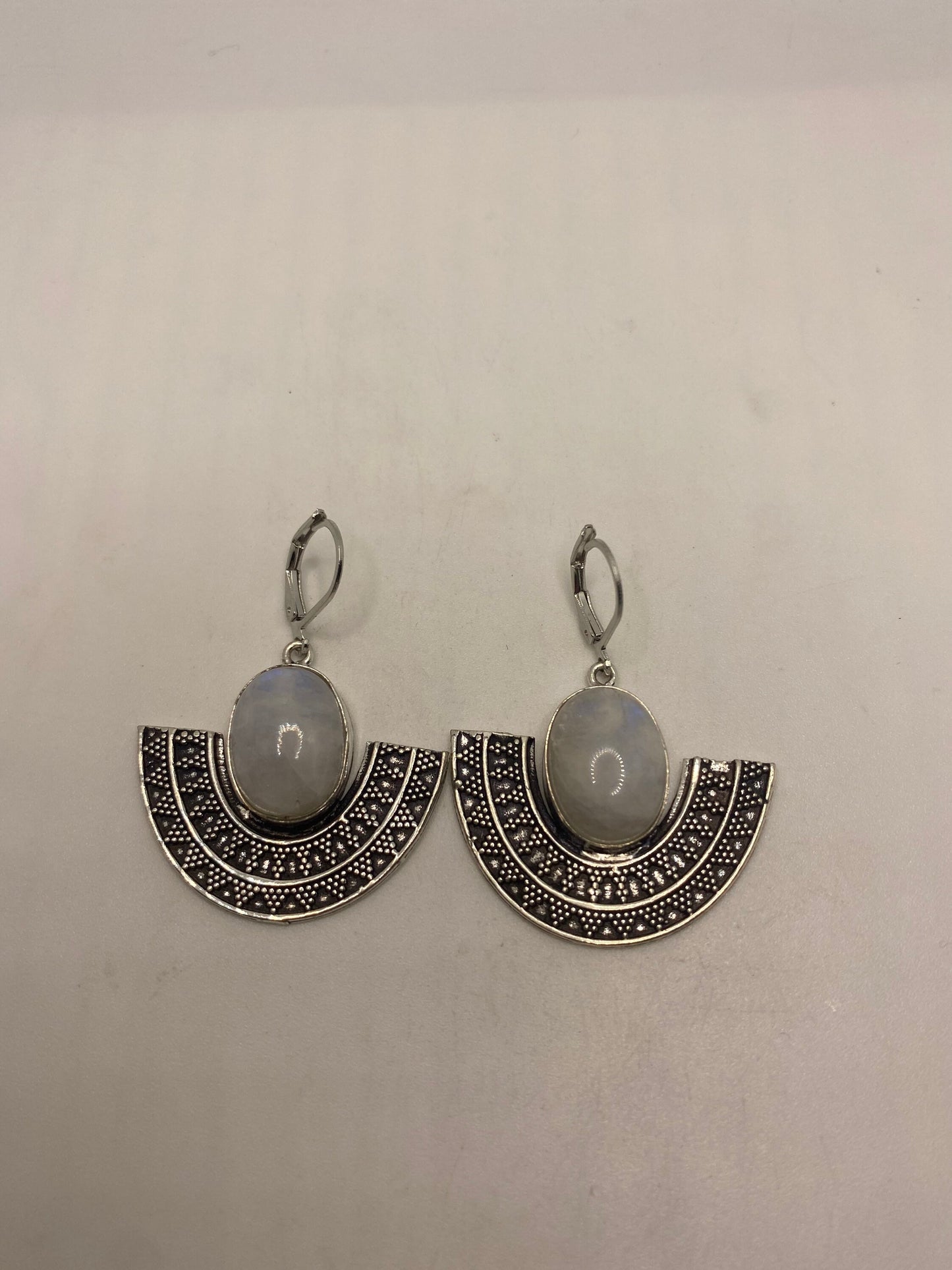 Vintage Rainbow Moonstone Sterling Silver Lever Back leaf Dangle Earrings