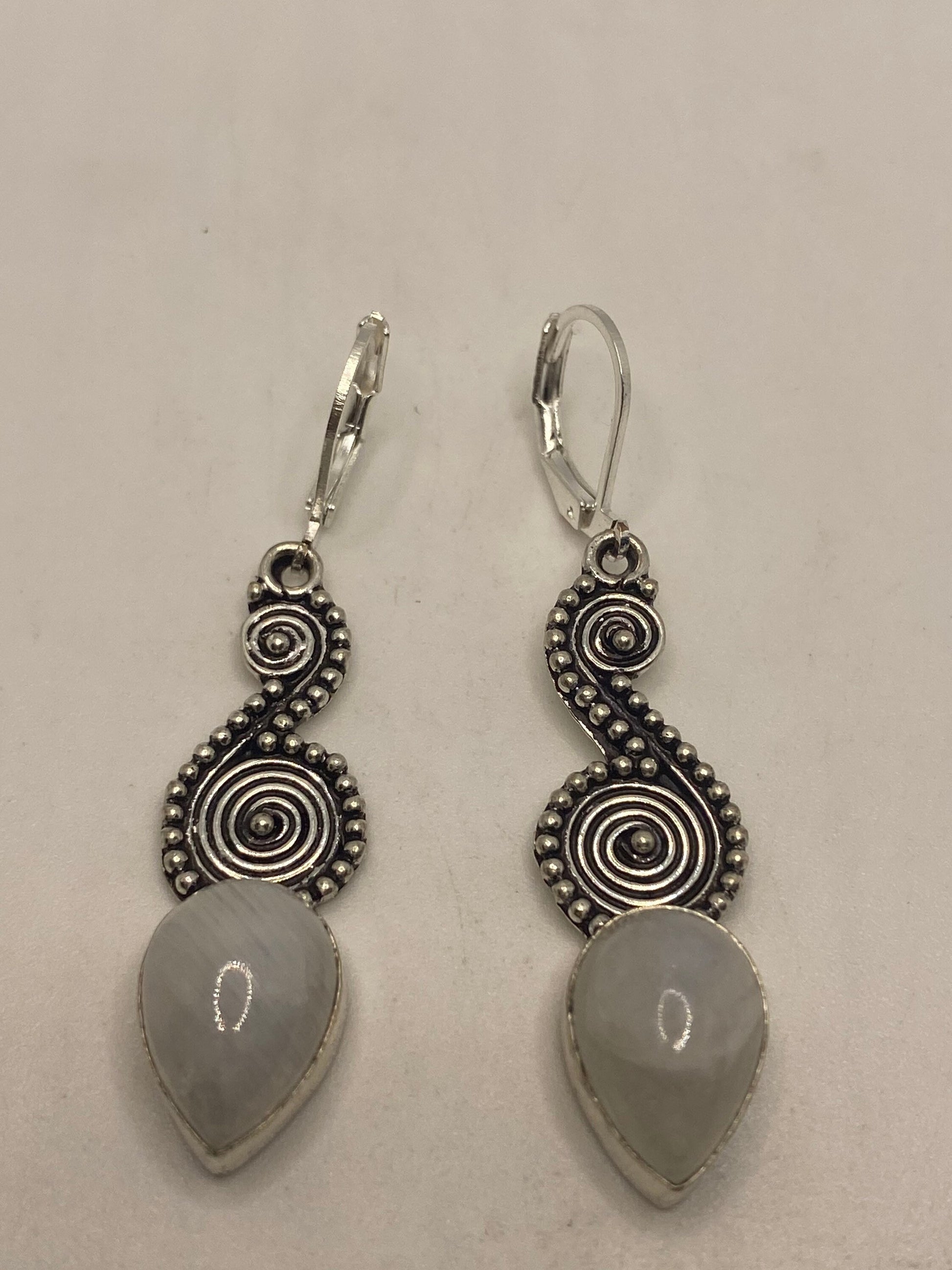 Vintage Rainbow Moonstone Sterling Silver Lever Back leaf Dangle Earrings