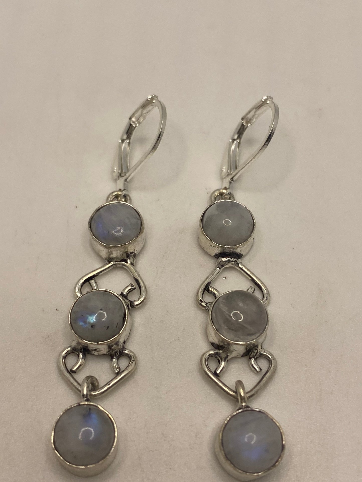 Vintage Rainbow Moonstone Sterling Silver Lever Back leaf Dangle Earrings