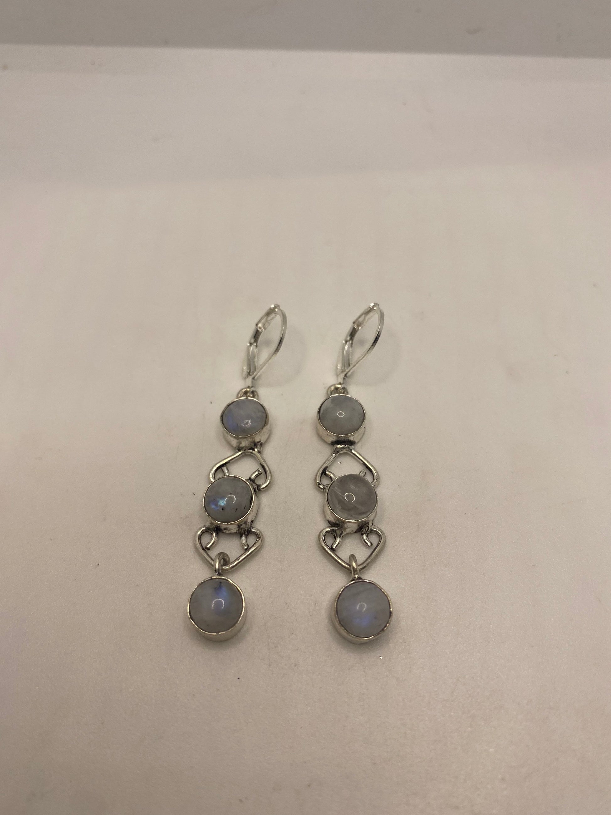 Vintage Rainbow Moonstone Sterling Silver Lever Back leaf Dangle Earrings