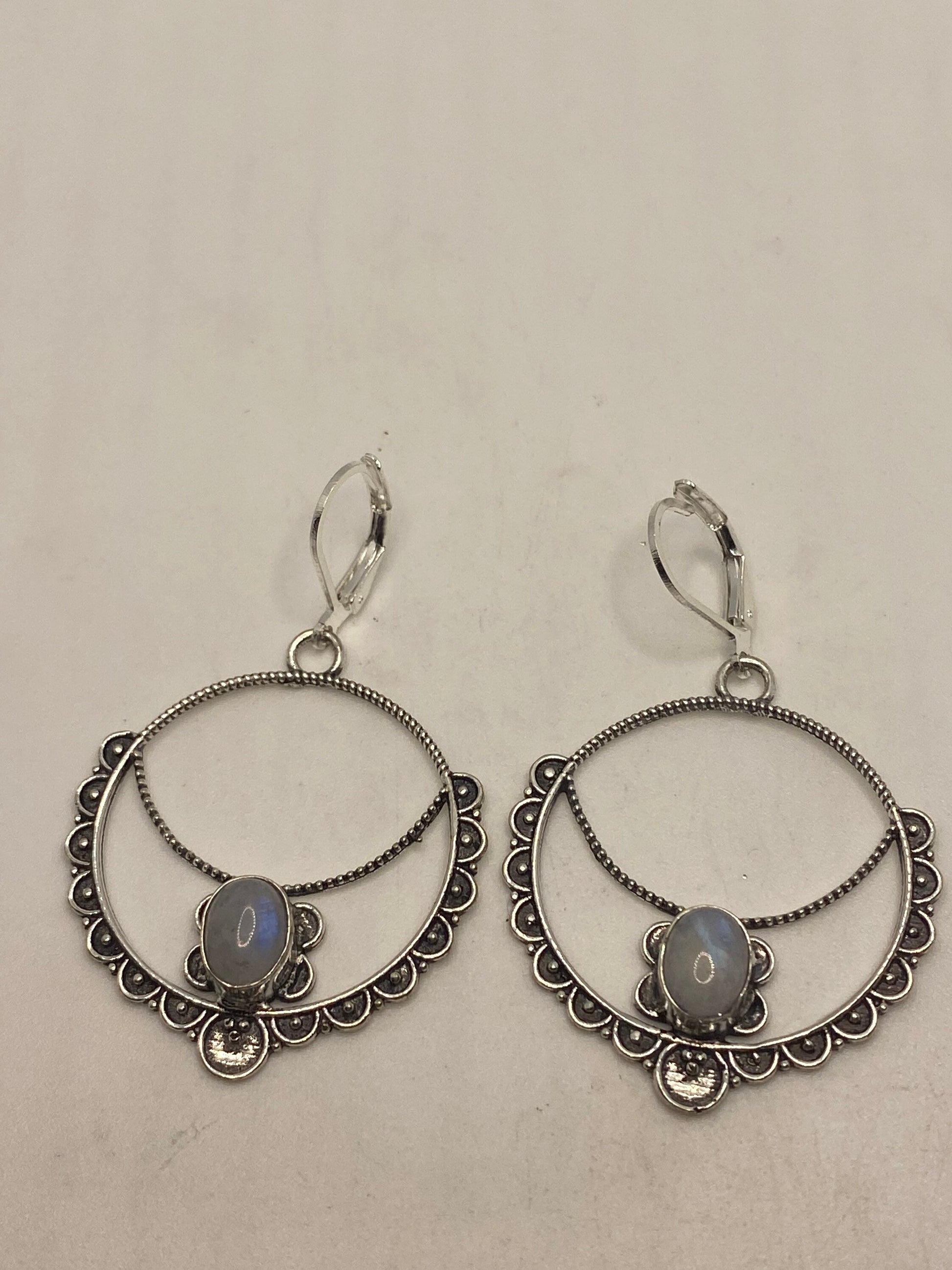 Vintage Rainbow Moonstone Sterling Silver Lever Back leaf Dangle Earrings