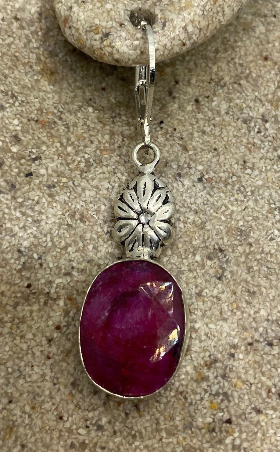 Vintage Pink Raw Ruby Earrings 925 Sterling Silver Leverback