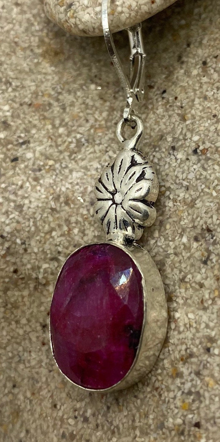 Vintage Pink Raw Ruby Earrings 925 Sterling Silver Leverback