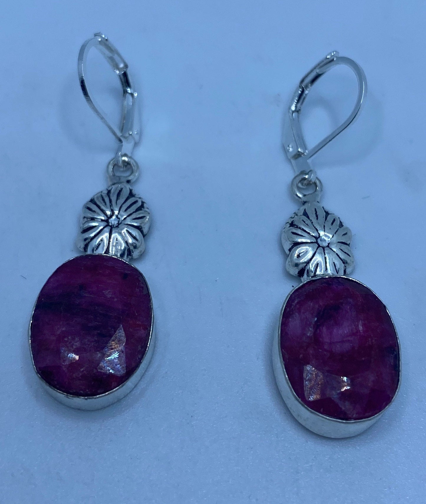 Vintage Pink Raw Ruby Earrings 925 Sterling Silver Leverback