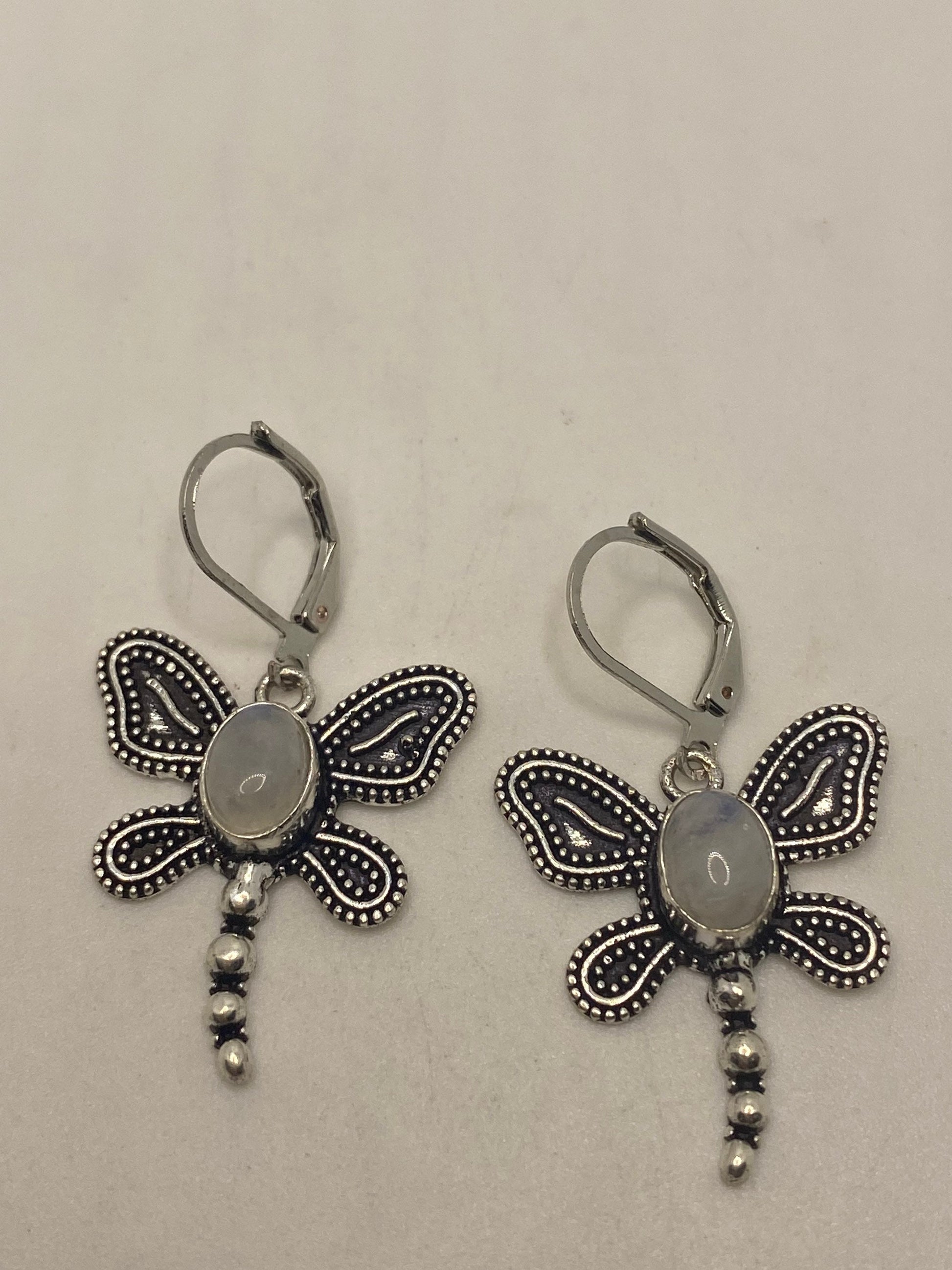 Vintage Rainbow Moonstone Sterling Silver Lever Back leaf Dangle Earrings