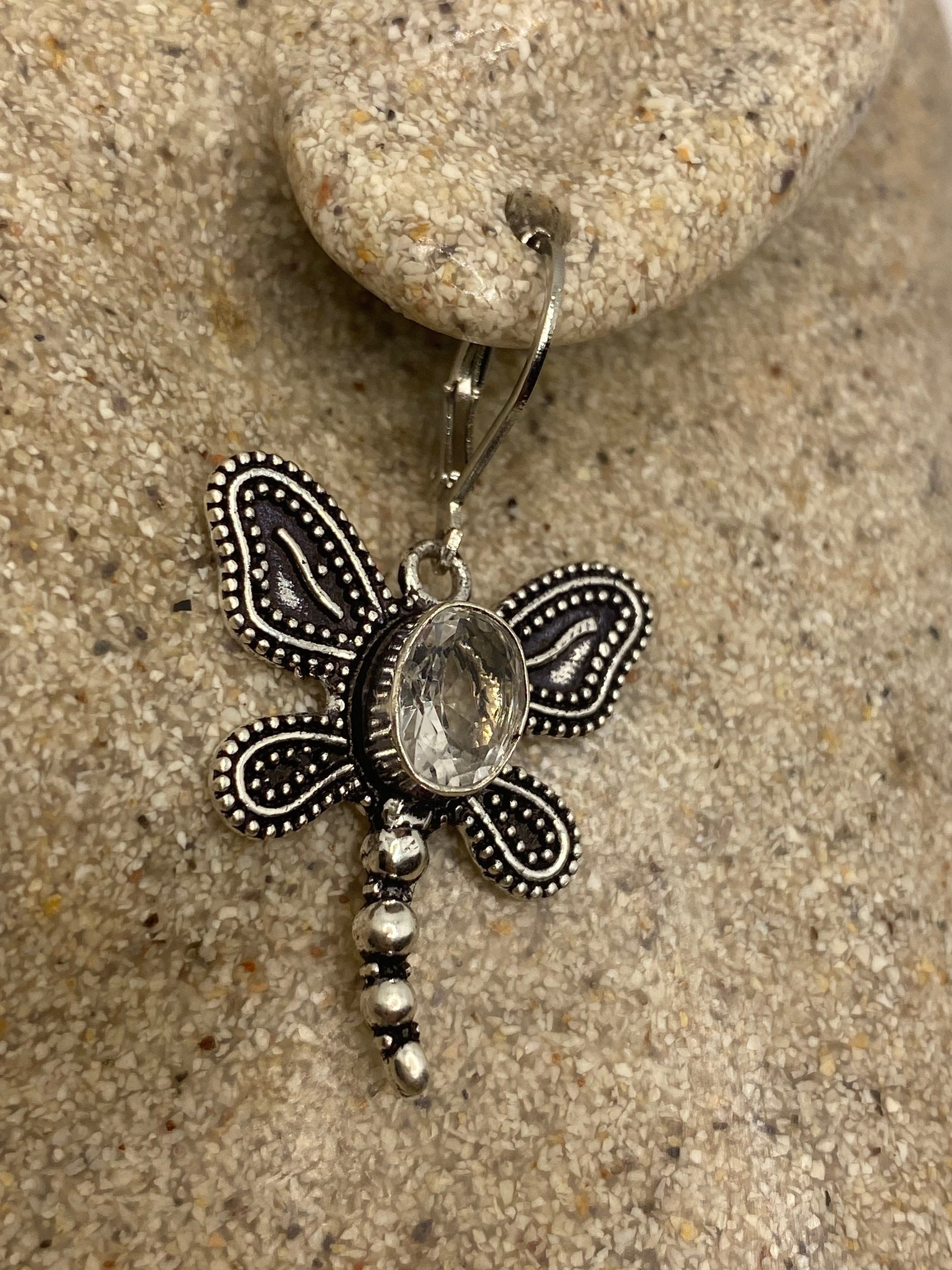 Vintage Quartz Earrings 925 Sterling Silver Chandelier Dragonfly Dangles