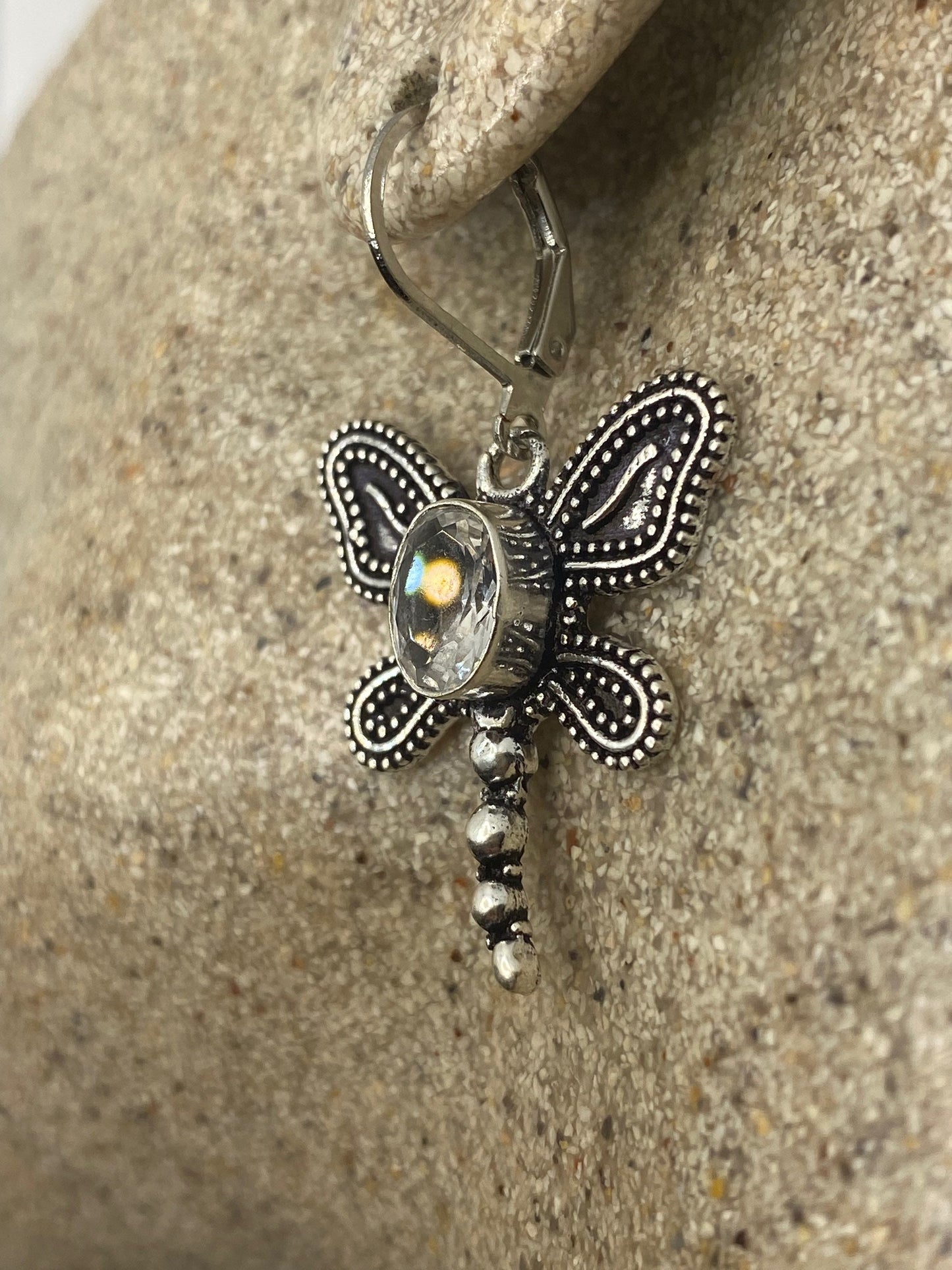 Vintage Quartz Earrings 925 Sterling Silver Chandelier Dragonfly Dangles