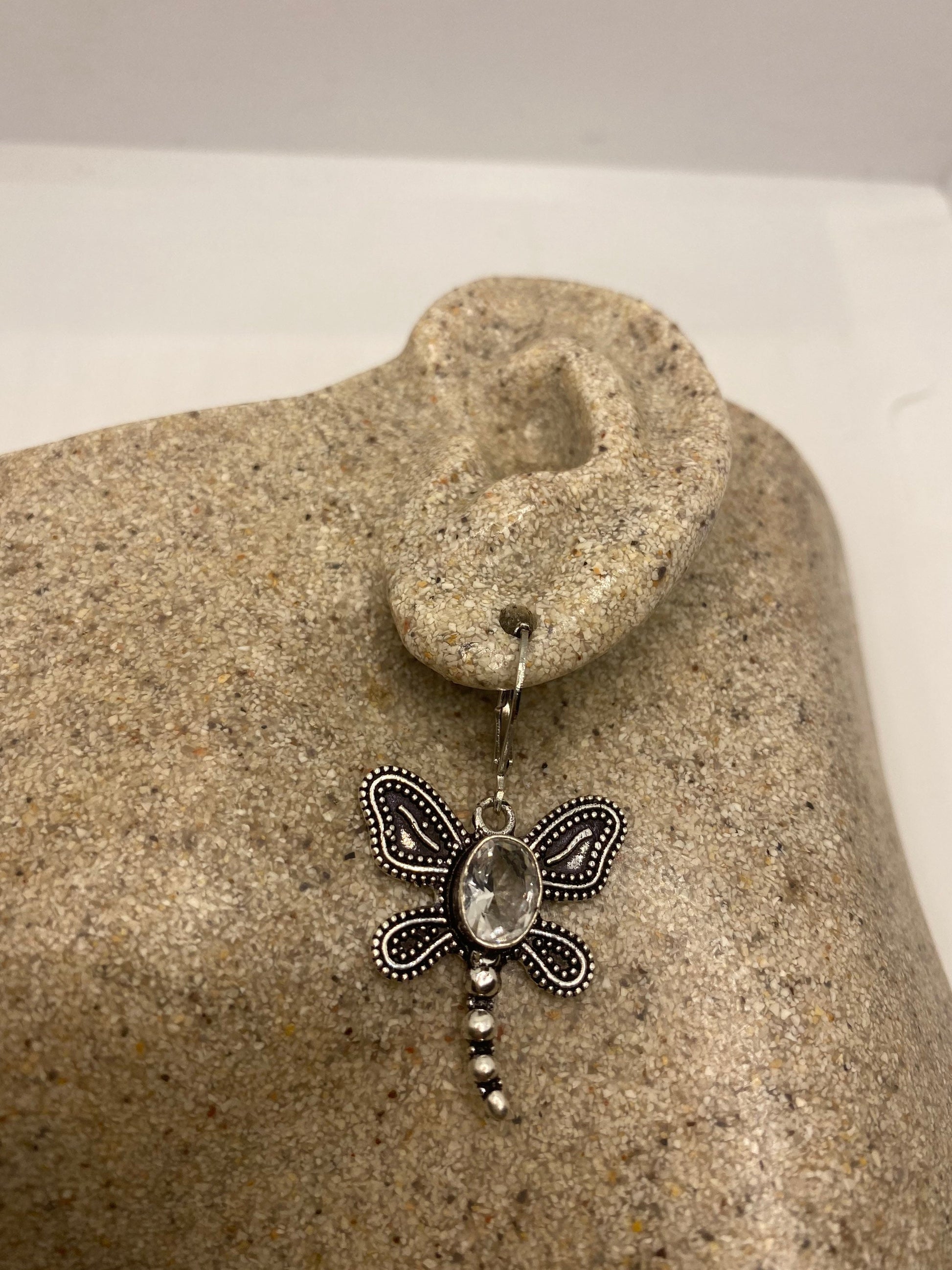 Vintage Quartz Earrings 925 Sterling Silver Chandelier Dragonfly Dangles