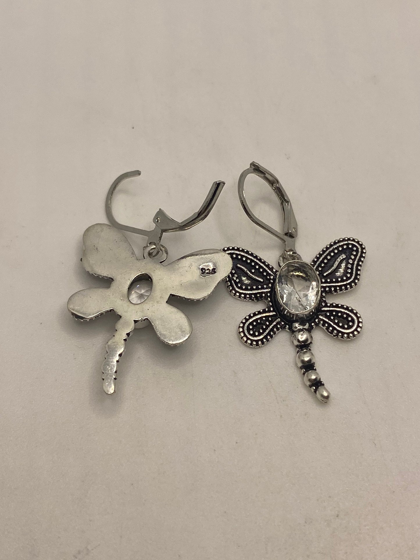 Vintage Quartz Earrings 925 Sterling Silver Chandelier Dragonfly Dangles