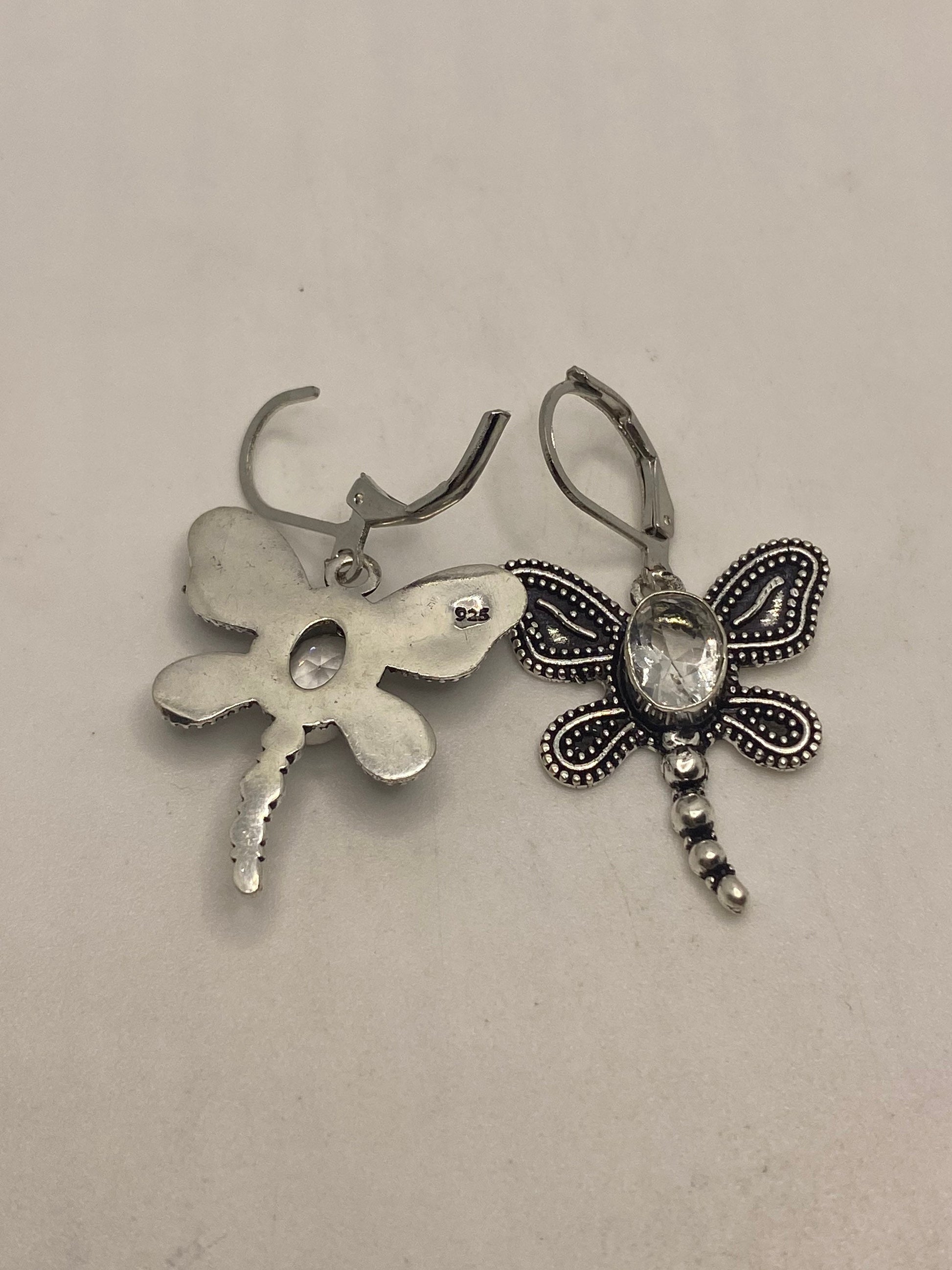 Vintage Quartz Earrings 925 Sterling Silver Chandelier Dragonfly Dangles