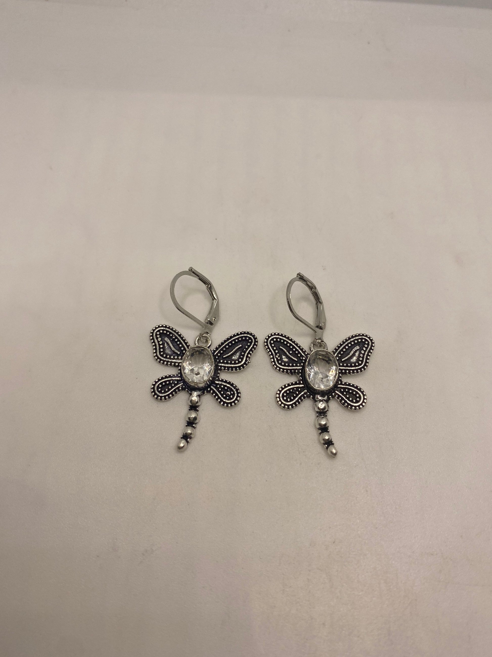 Vintage Quartz Earrings 925 Sterling Silver Chandelier Dragonfly Dangles