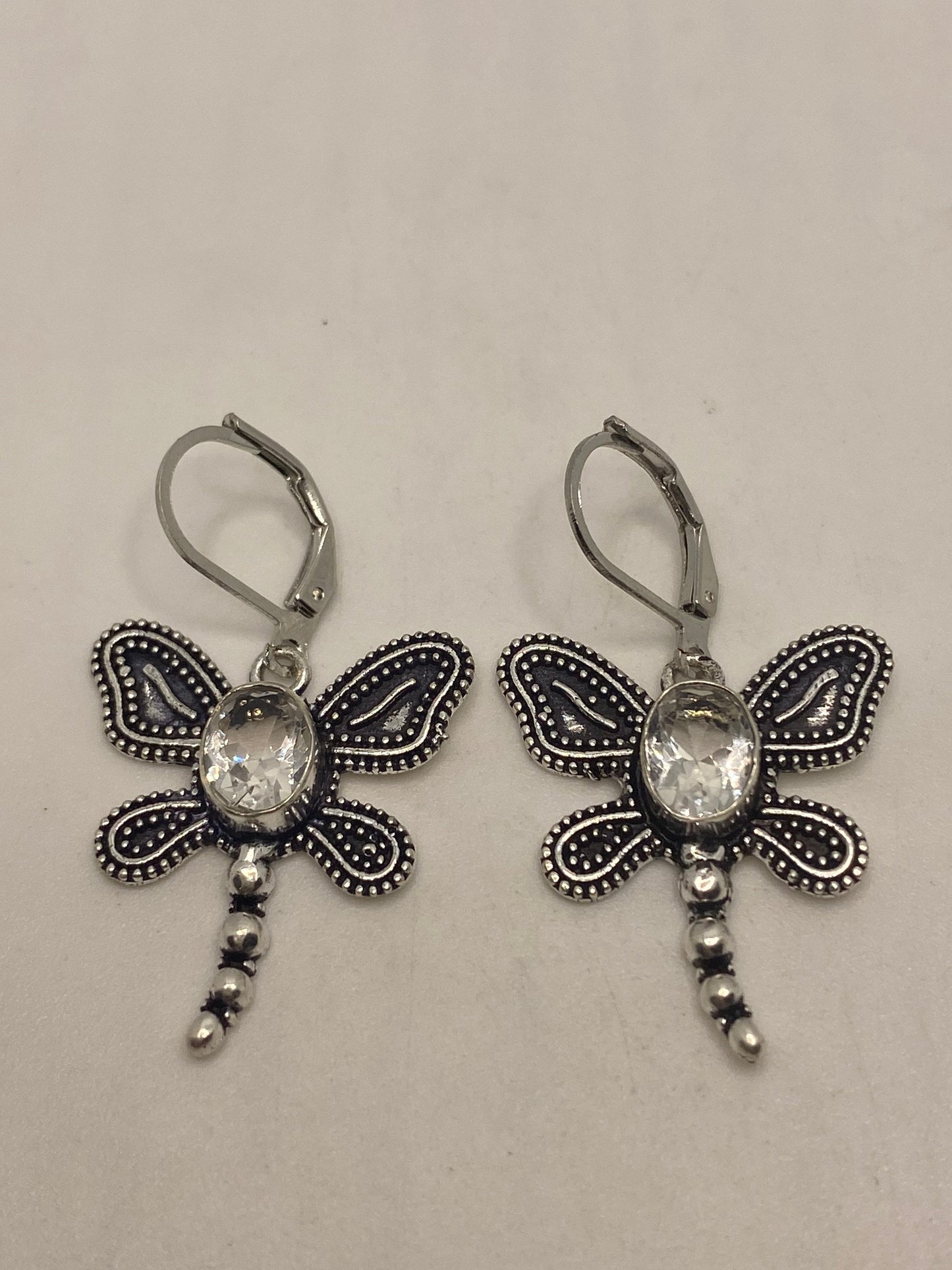 Vintage Quartz Earrings 925 Sterling Silver Chandelier Dragonfly Dangles