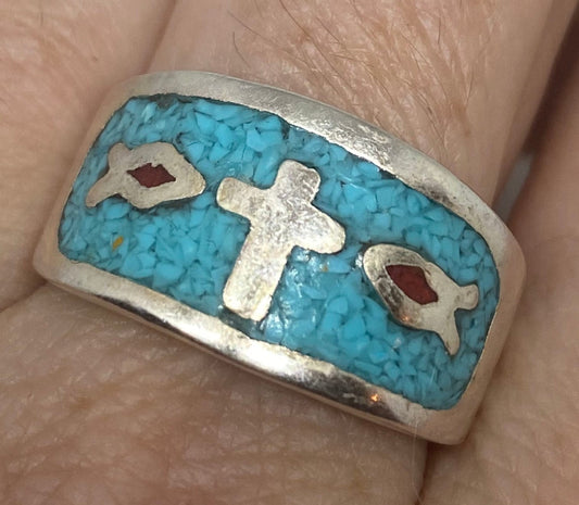 Vintage Native American Style Southwestern Turquoise Cross Inlay Ring