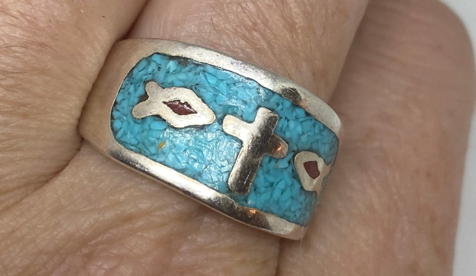 Vintage Native American Style Southwestern Turquoise Cross Inlay Ring