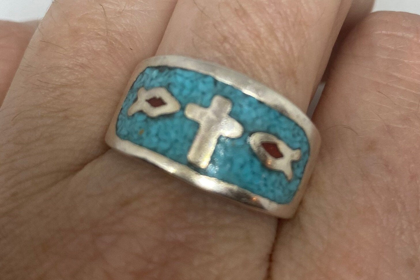 Vintage Native American Style Southwestern Turquoise Cross Inlay Ring