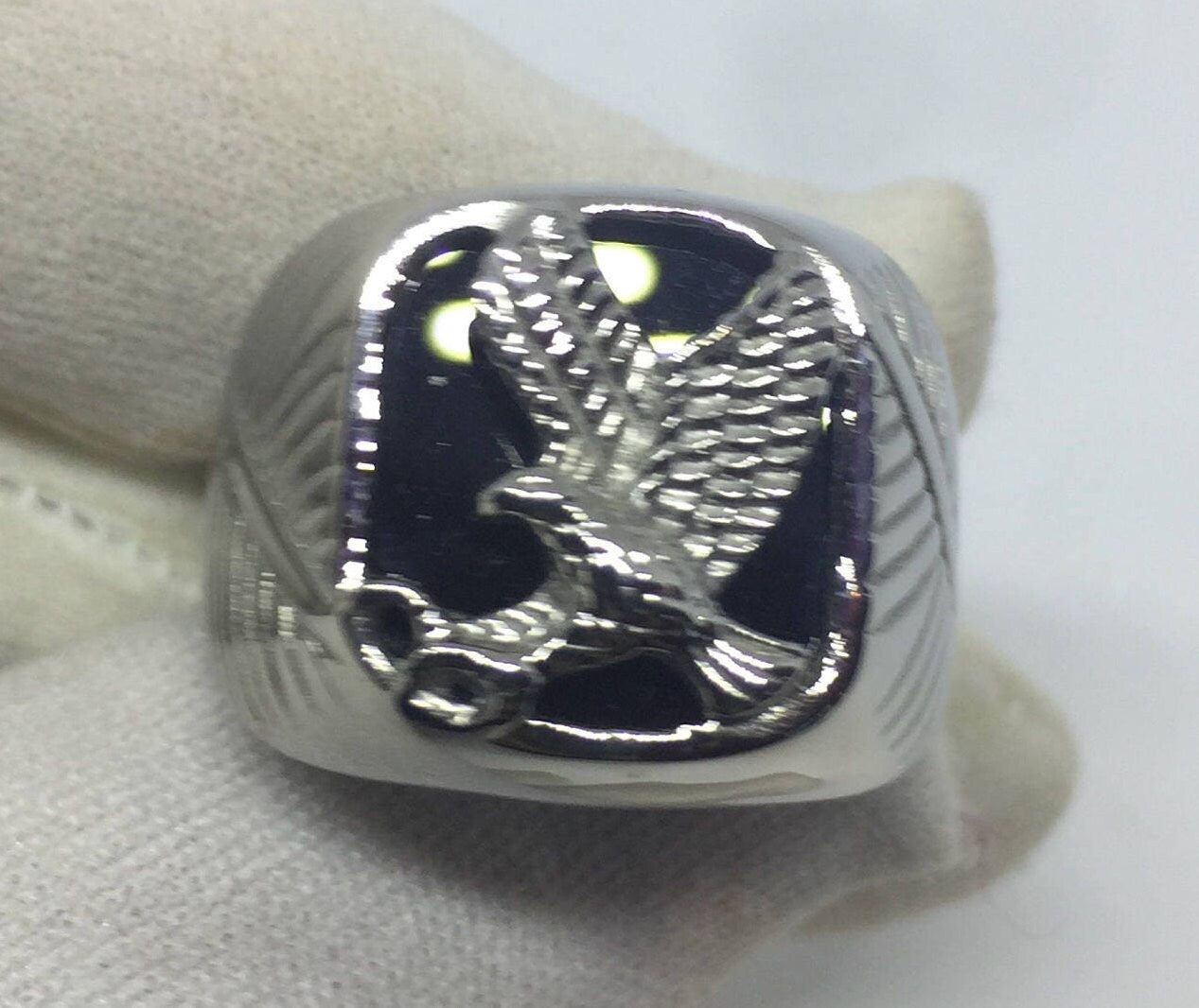 Vintage Black Onyx Inlay Southwestern Mens Eagle Ring