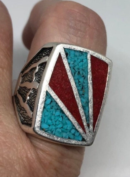 Vintage Native American Style Southwestern Turquoise Inlay Mens Ring