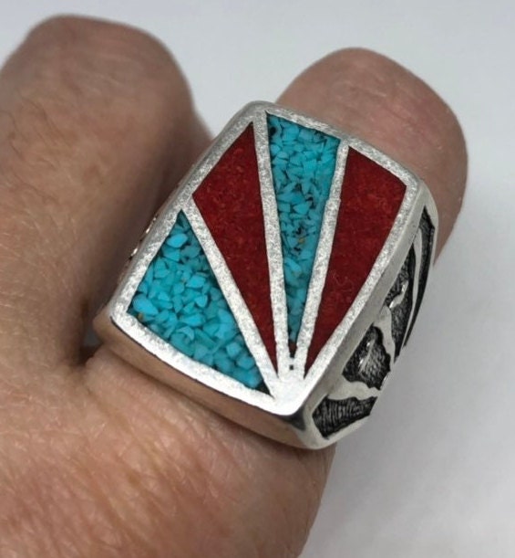 Vintage Native American Style Southwestern Turquoise Inlay Mens Ring