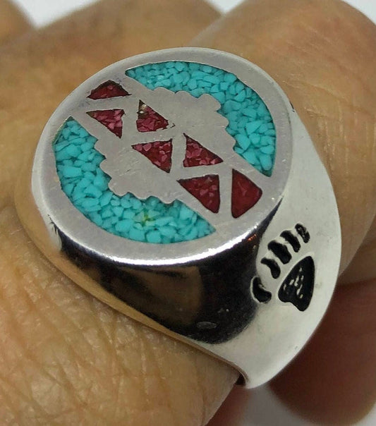 Vintage Native American Style Southwestern Turquoise Stone Inlay Mens Ring