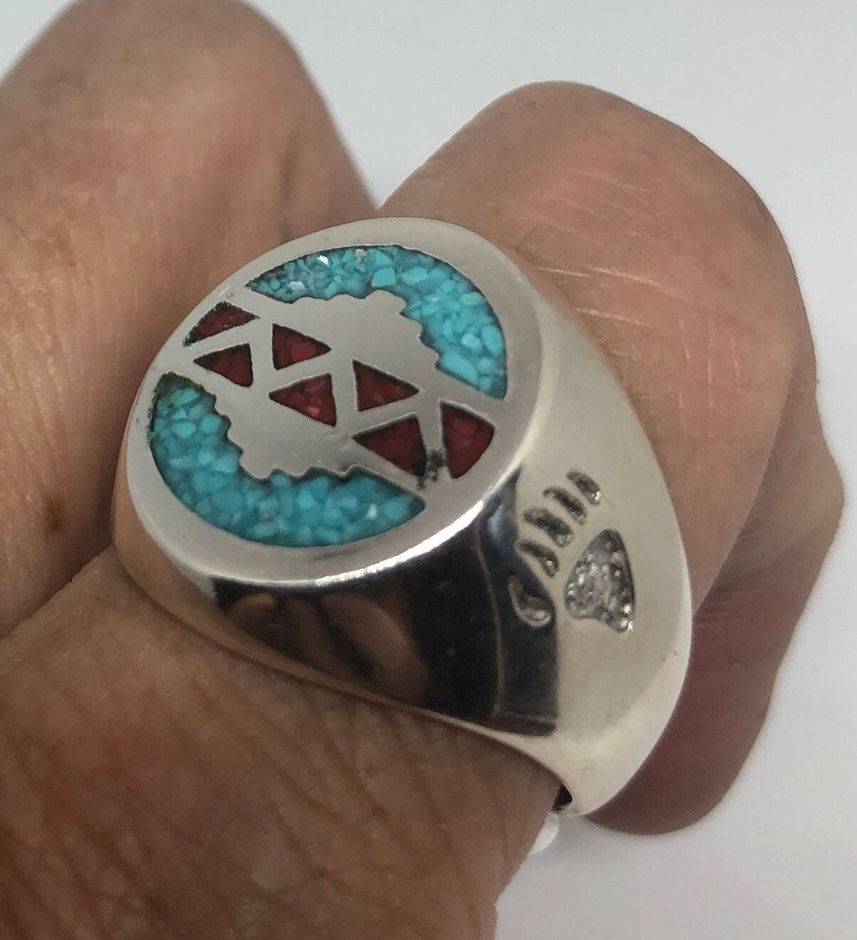 Vintage Native American Style Southwestern Turquoise Stone Inlay Mens Ring