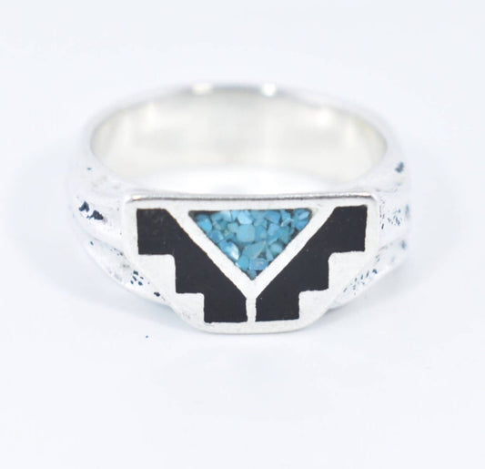 Vintage Native American Style Southwestern Blue Turquoise Black Stone Inlay Ring