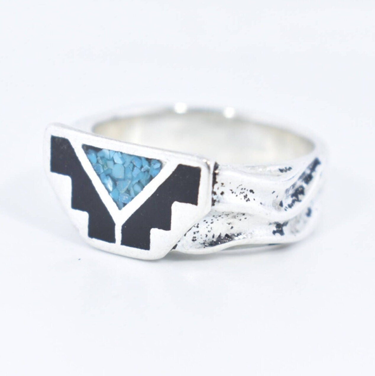 Vintage Native American Style Southwestern Blue Turquoise Black Stone Inlay Ring