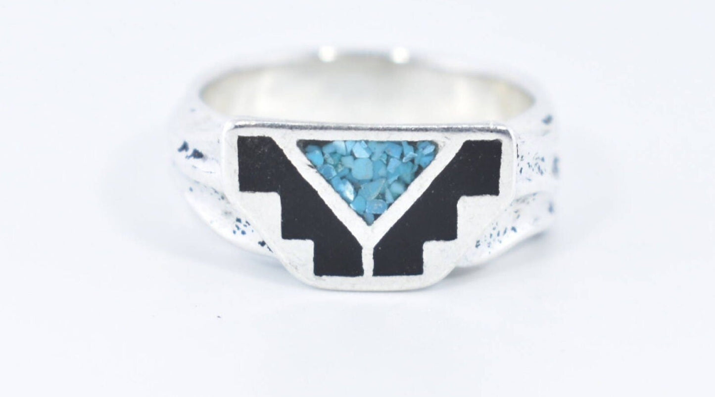Vintage Native American Style Southwestern Blue Turquoise Black Stone Inlay Ring