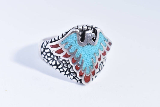 Vintage Native American Style Southwestern Turquoise Stone Inlay Men's Hawk Ring